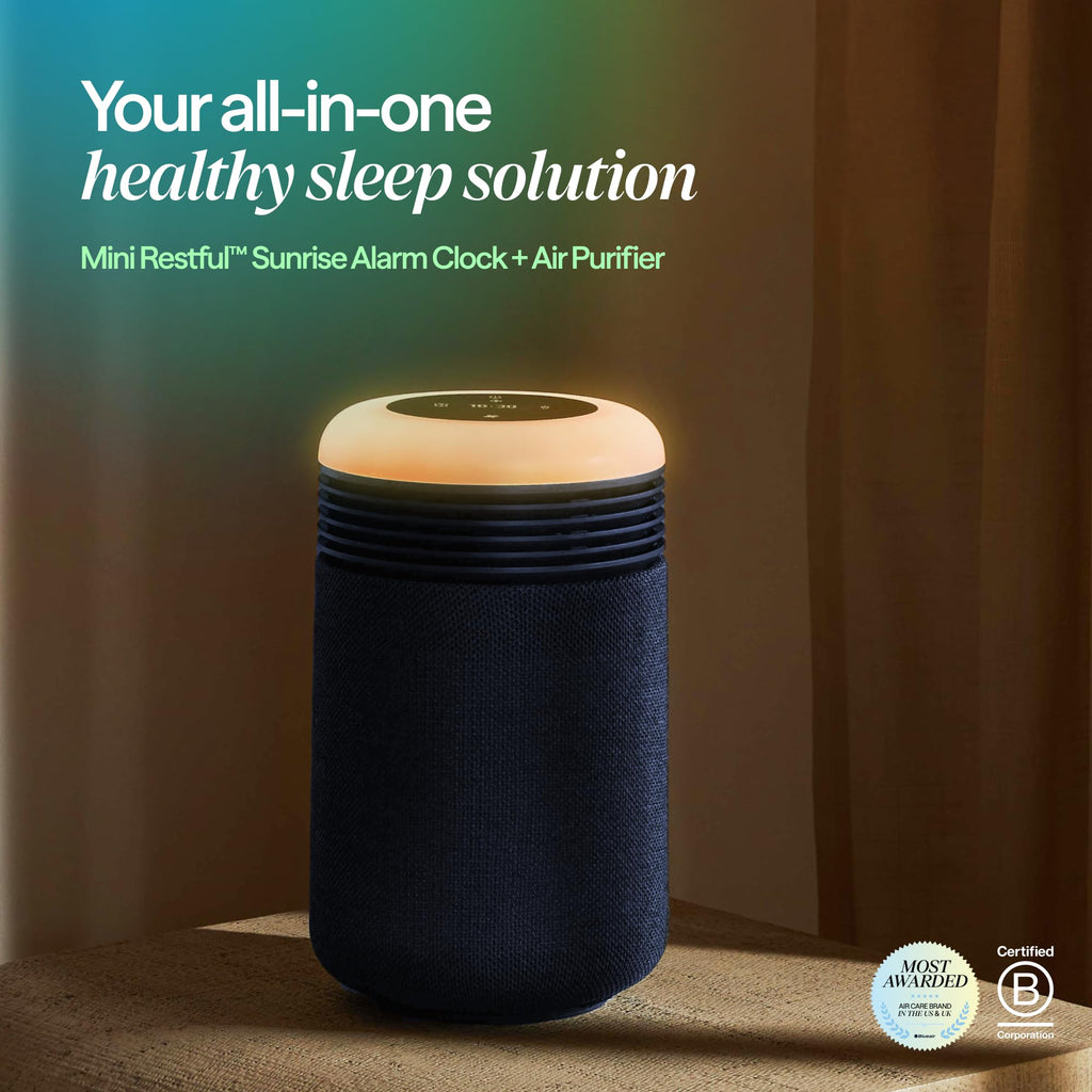 BLUEAIR Air Purifier & Sunrise Alarm Clock for Bedroom, Nursery – HEPA, HEPASilent™, Wake-Up Light, White Noise & Soothing Sounds for Natural Sleep, USB-C, Mini Restful