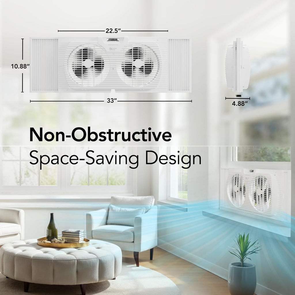 Comfort Zone Window Fan for Bedroom, 9 inch 3 Speed Dual Fans with Auto-Locking Expanders, 3 Modes (Cool, Circulate, Exhaust), Remote Control, Fabric Cover plus Bug Screen, White