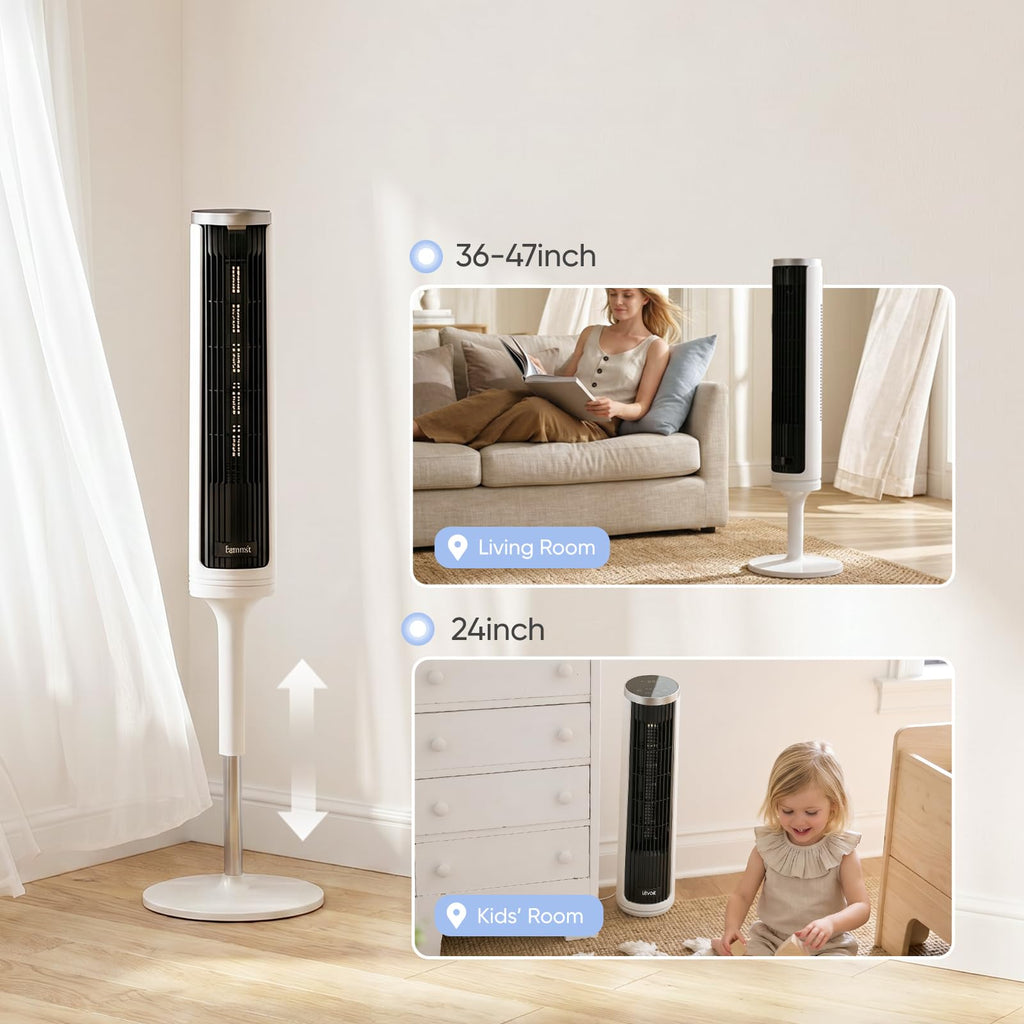 LEVOIT Tower Fan for Bedroom, 90° Oscillating Standing Fan with 28dB Quiet for Sleep, 25ft/s Velocity, 12H Timer, 5 Speeds 4 Modes, Remoter, Bladeless Room Fan for Home, Office, Indoor, 36 inch, White