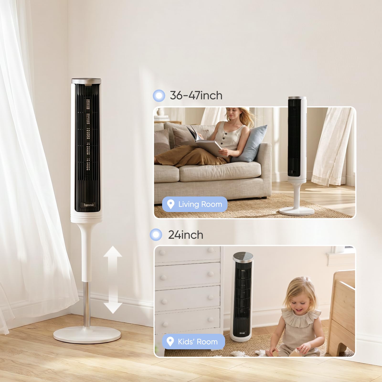 LEVOIT Tower Fan for Bedroom, 90° Oscillating Standing Fan with 28dB Quiet for Sleep, 25ft/s Velocity, 12H Timer, 5 Speeds 4 Modes, Remoter, Bladeless Room Fan for Home, Office, Indoor, 36 inch, White