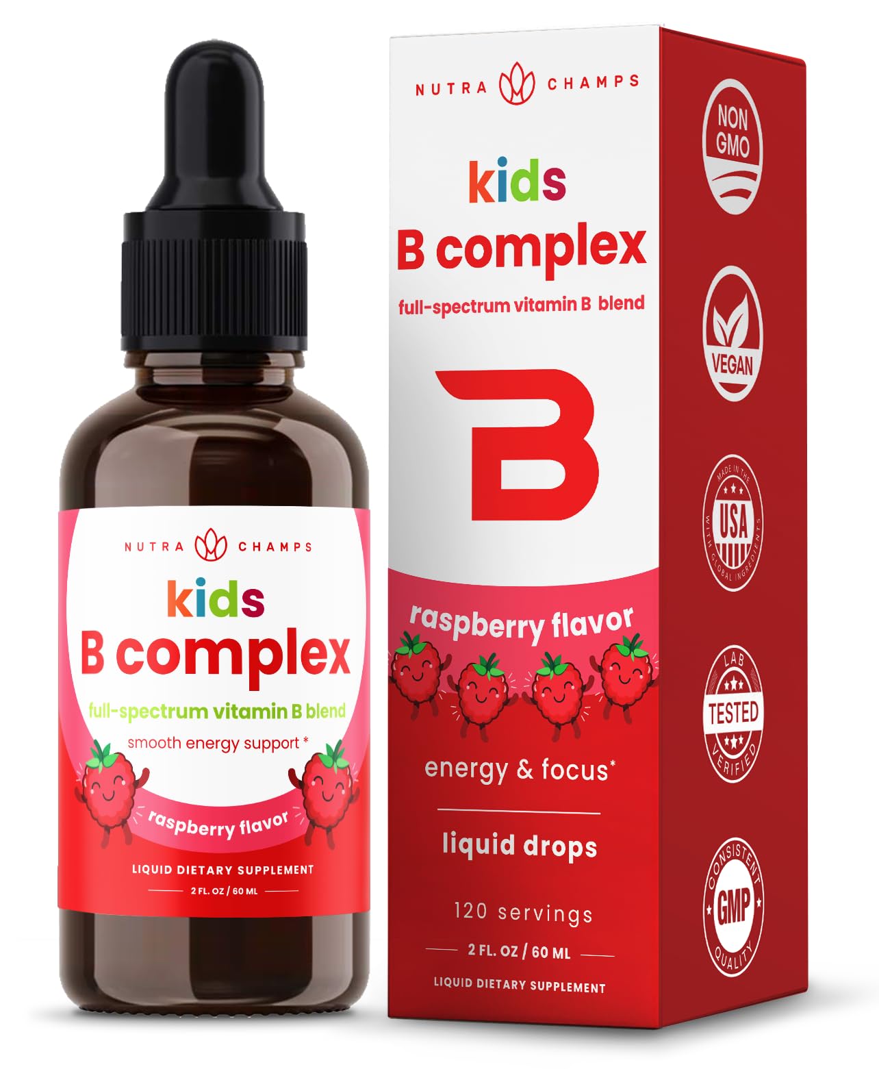 NutraChamps Vitamin B Complex for Kids, B1, B2, B3, B6, B7, B9 & Methyl B12, Kids B Complex Liquid Drops Supplement, Energy, Focus, Metabolism, Natural Berry, 120 Servings, 4 Month Supply