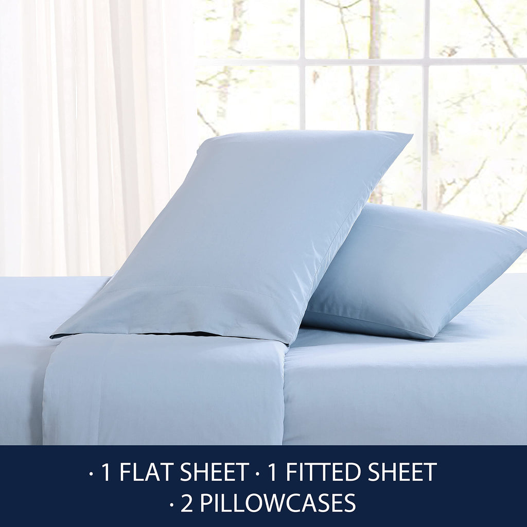 Nautica - Twin Sheet Set, Cotton Percale Bedding Set, Crisp & Cool, Fully Elasticized, Ideal Dorm Essentials (Solid Light Blue, Twin)