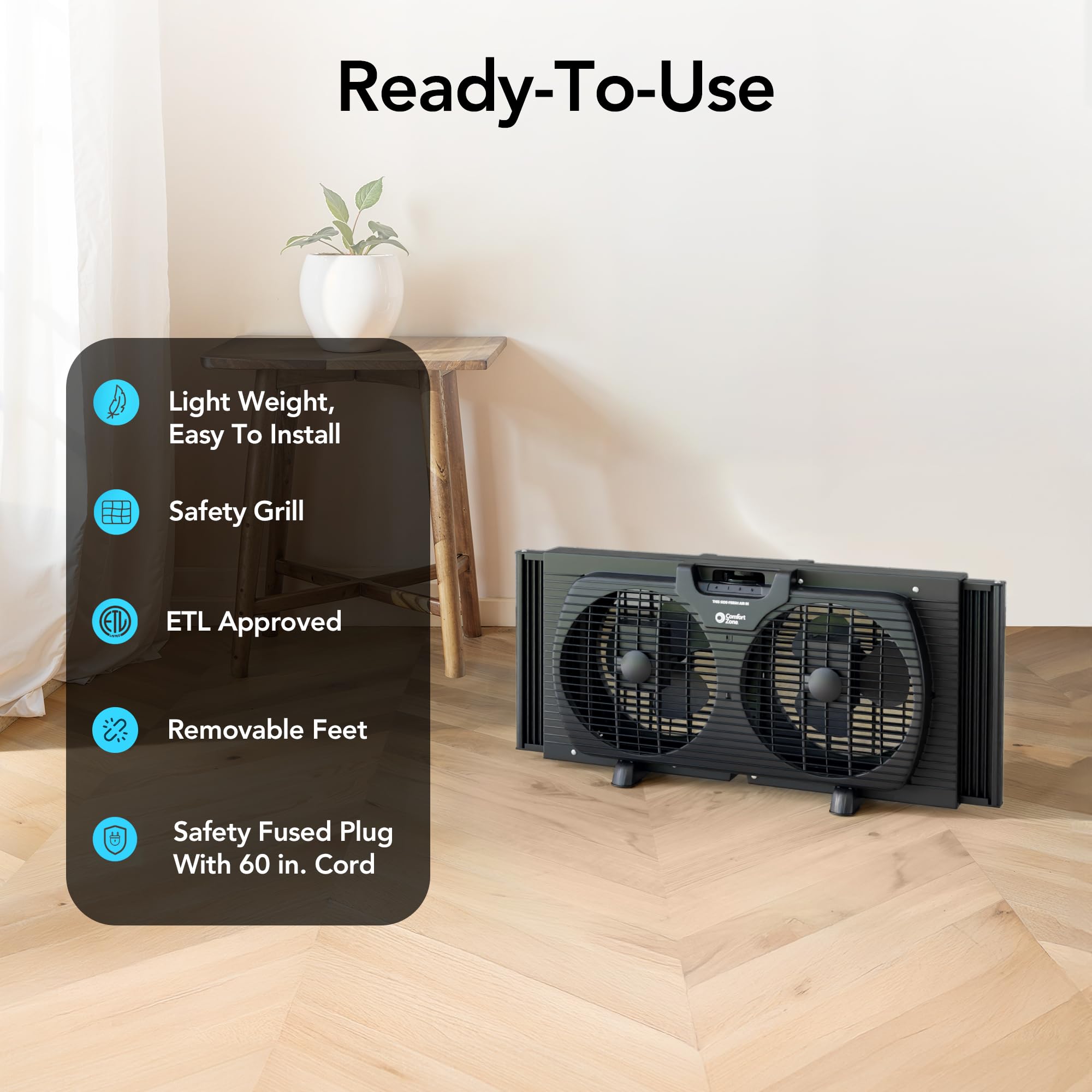 Comfort Zone Window Fan for Bedroom, 9 inch 3 Speed Dual Fans with Auto-Locking Expanders, 3 Modes (Cool, Circulate, Exhaust), Remote Control, Fabric Cover plus Bug Screen, White
