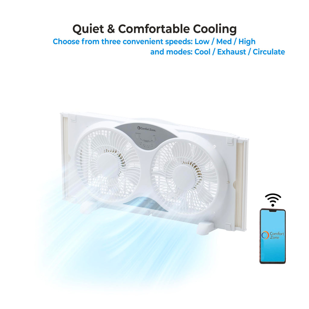 Comfort Zone Window Fan for Bedroom, 9 inch 3 Speed Dual Fans with Auto-Locking Expanders, 3 Modes (Cool, Circulate, Exhaust), Remote Control, Fabric Cover plus Bug Screen, White