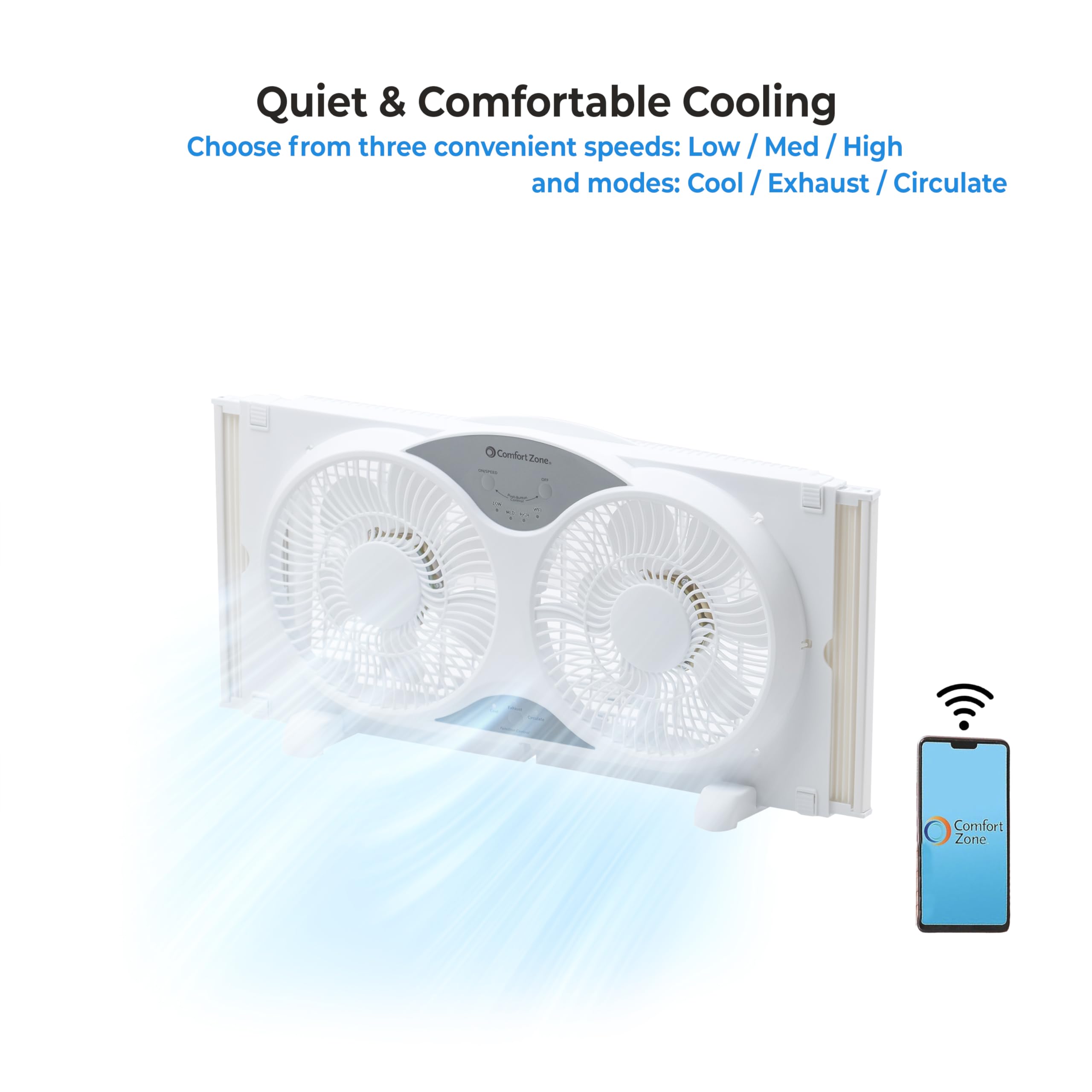 Comfort Zone Window Fan for Bedroom, 9 inch 3 Speed Dual Fans with Auto-Locking Expanders, 3 Modes (Cool, Circulate, Exhaust), Remote Control, Fabric Cover plus Bug Screen, White