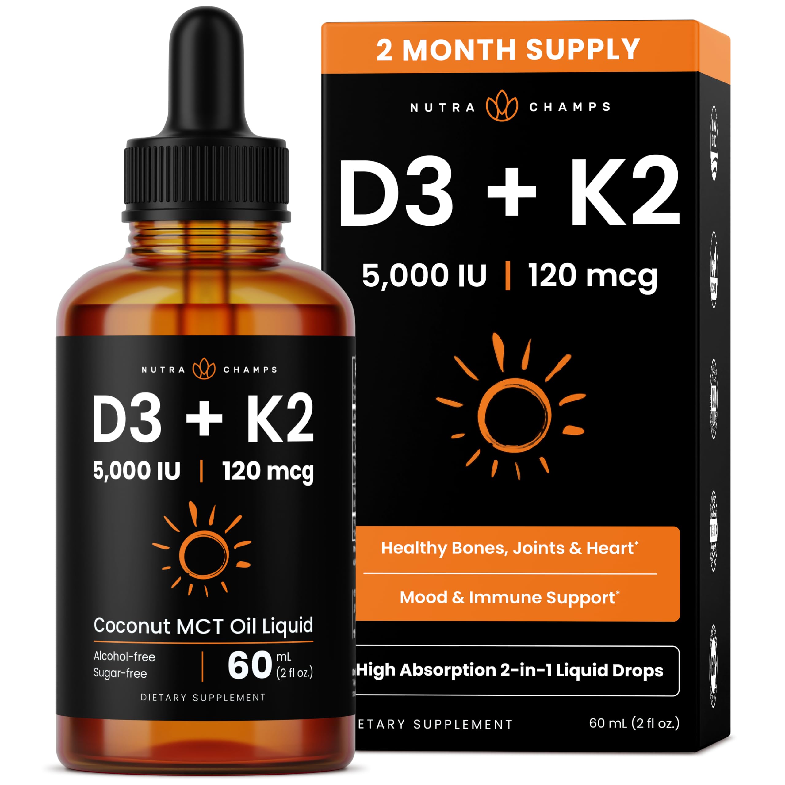 NutraChamps Kids Vitamin D 3 K2 Drops, Vitamin D3 & K2 MK-7, Liquid Vitamin D for Kids 1000 IU, Healthy Bones, Heart & Immune System, Sugar Free Supplement for Toddlers, 300 Servings