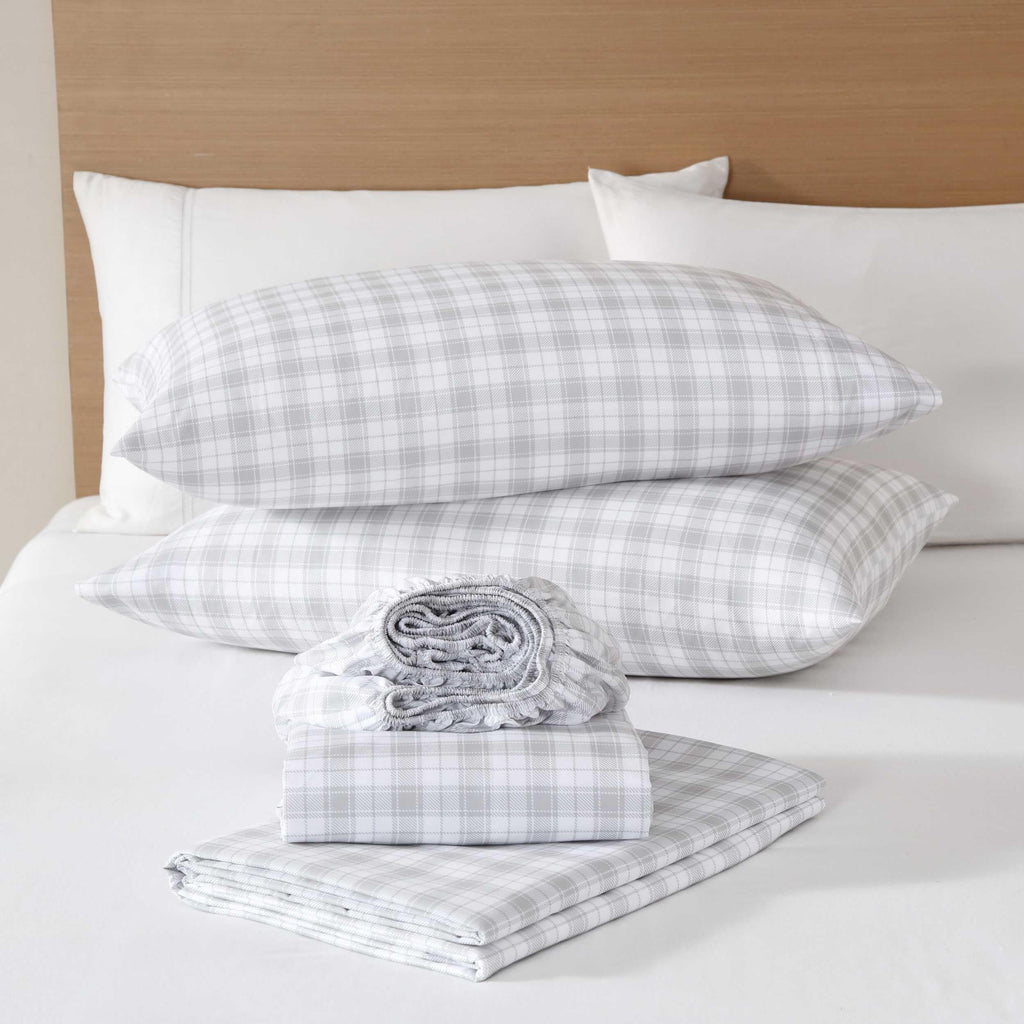 Eddie Bauer - Twin Size Sheet Set, Crisp & Cool Temperature Regulating Bedding with Breathable Feel, 3 Piece Bed Sheets with Deep Pocket Fitted Sheet & Pillowcase (Penstemon Plaid Grey)