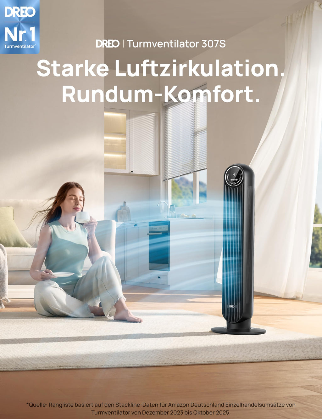 DREO 20dB Leiser Turmventilator, 10 m Wurfweite 4 Geschwindigstufen 4 Modi 8 Std. Timer 90° oszillierende Ventilator mit Kühlung Fernbedienung für Schlafzimmer, Nomad One, Schwarz