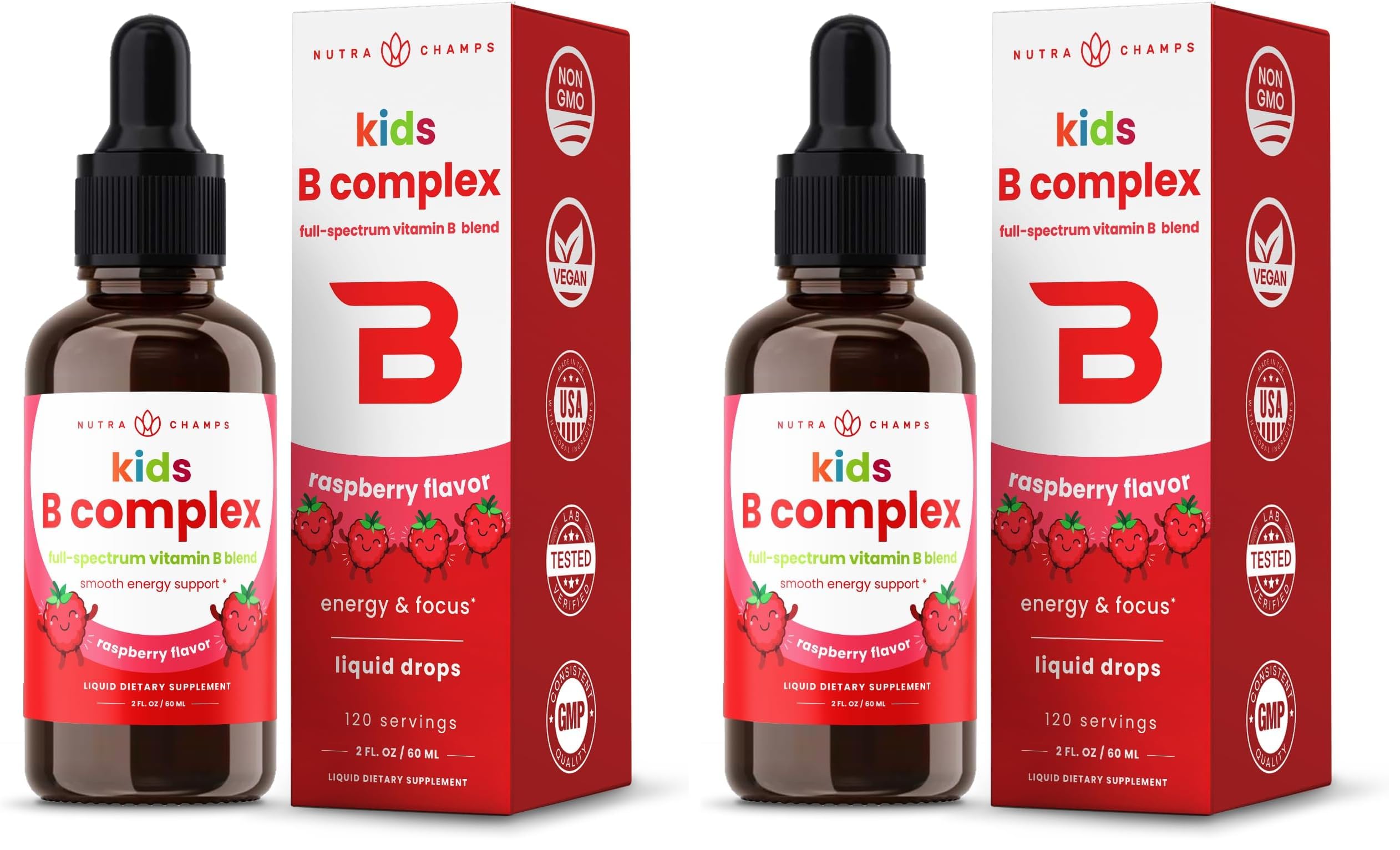 NutraChamps Vitamin B Complex for Kids, B1, B2, B3, B6, B7, B9 & Methyl B12, Kids B Complex Liquid Drops Supplement, Energy, Focus, Metabolism, Natural Berry, 120 Servings, 4 Month Supply