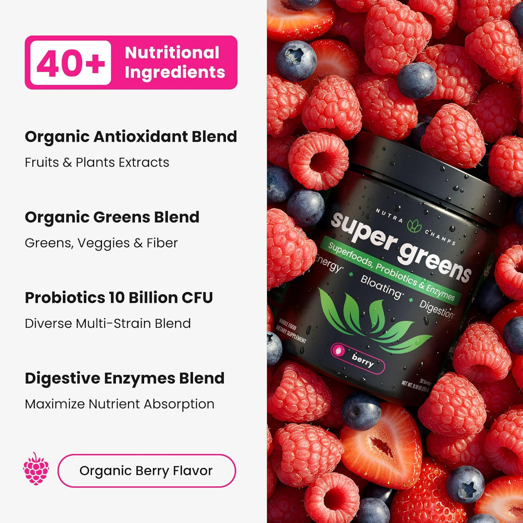 Super Greens Powder, 40+ Organic Superfoods, Probiotics & Enzymes for Energy, Digestion, Gut Health & Bloating | Organic Fruit & Veggie Drink Mix with Prebiotic Fiber, Daily Green Juice Smoothie Blend