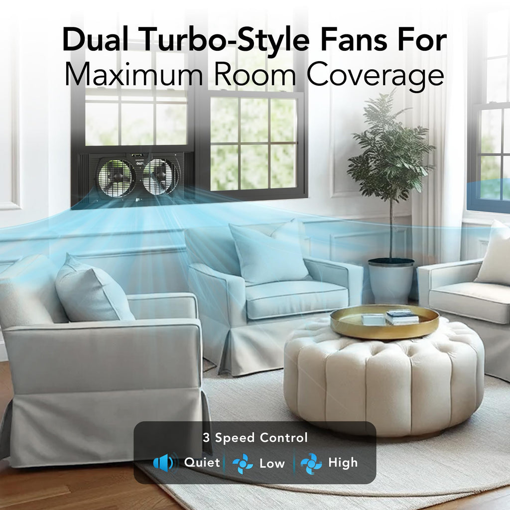 Comfort Zone Window Fan for Bedroom, 9 inch 3 Speed Dual Fans with Auto-Locking Expanders, 3 Modes (Cool, Circulate, Exhaust), Remote Control, Fabric Cover plus Bug Screen, White