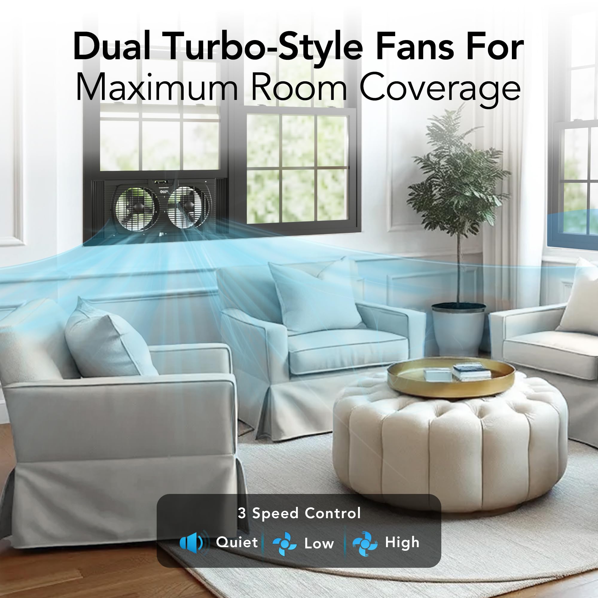Comfort Zone Window Fan for Bedroom, 9 inch 3 Speed Dual Fans with Auto-Locking Expanders, 3 Modes (Cool, Circulate, Exhaust), Remote Control, Fabric Cover plus Bug Screen, White
