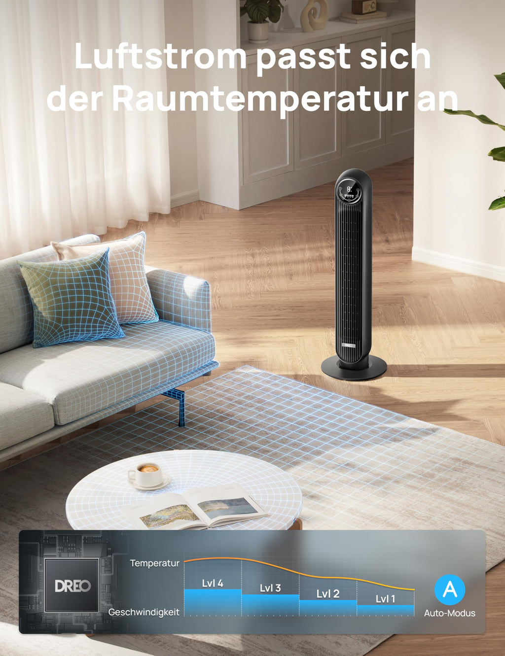 DREO 20dB Leiser Turmventilator, 10 m Wurfweite 4 Geschwindigstufen 4 Modi 8 Std. Timer 90° oszillierende Ventilator mit Kühlung Fernbedienung für Schlafzimmer, Nomad One, Schwarz