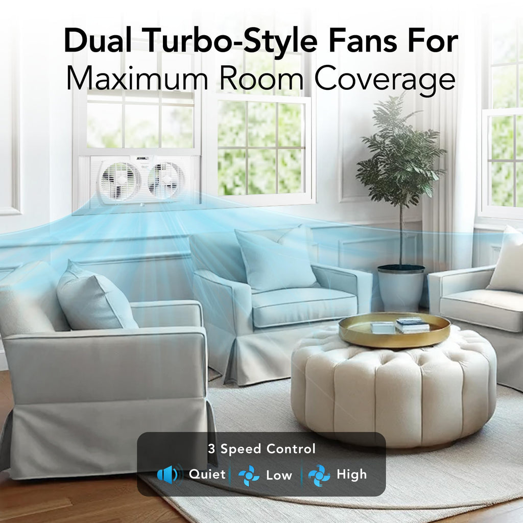 Comfort Zone Window Fan for Bedroom, 9 inch 3 Speed Dual Fans with Auto-Locking Expanders, 3 Modes (Cool, Circulate, Exhaust), Remote Control, Fabric Cover plus Bug Screen, White