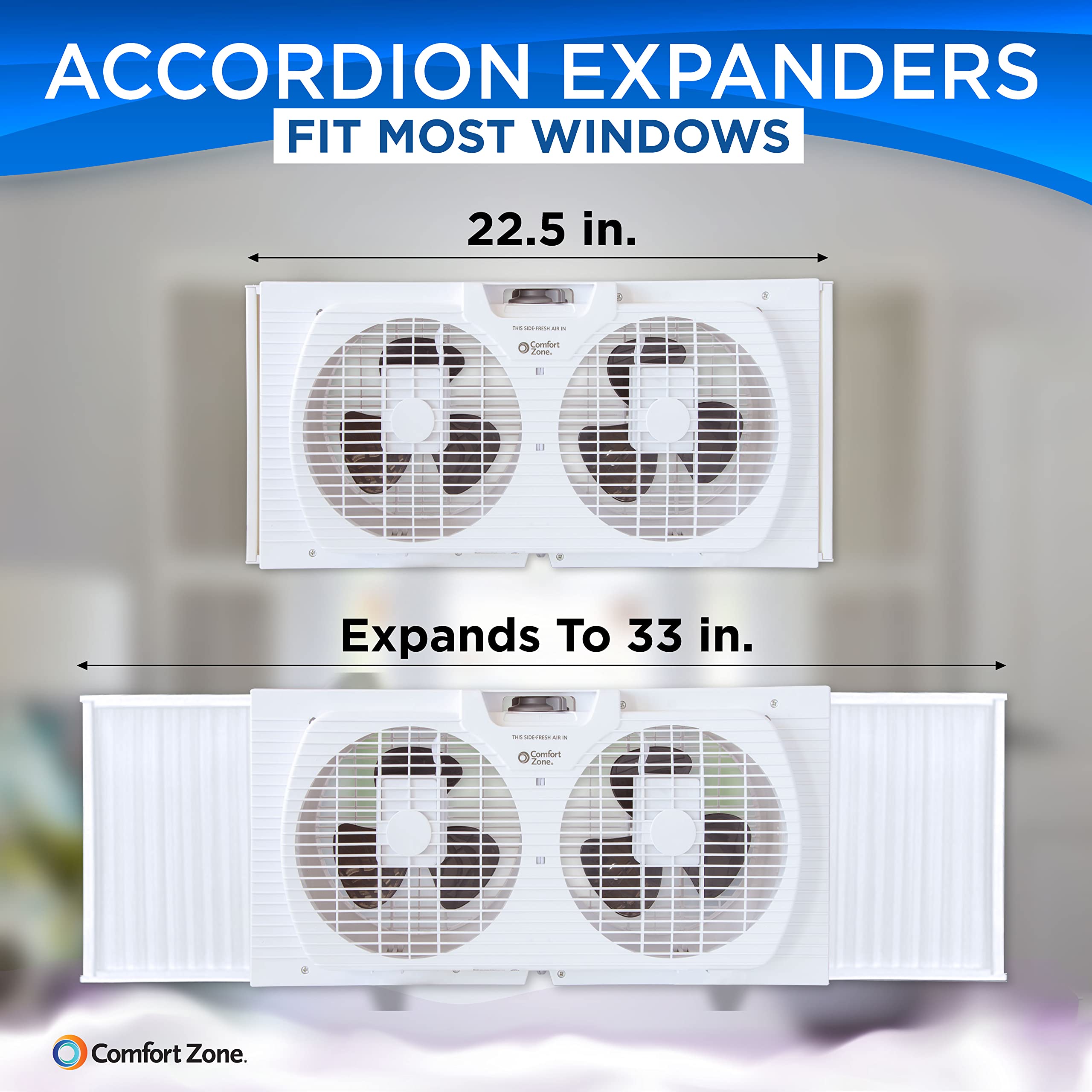Comfort Zone Window Fan for Bedroom, 9 inch 3 Speed Dual Fans with Auto-Locking Expanders, 3 Modes (Cool, Circulate, Exhaust), Remote Control, Fabric Cover plus Bug Screen, White