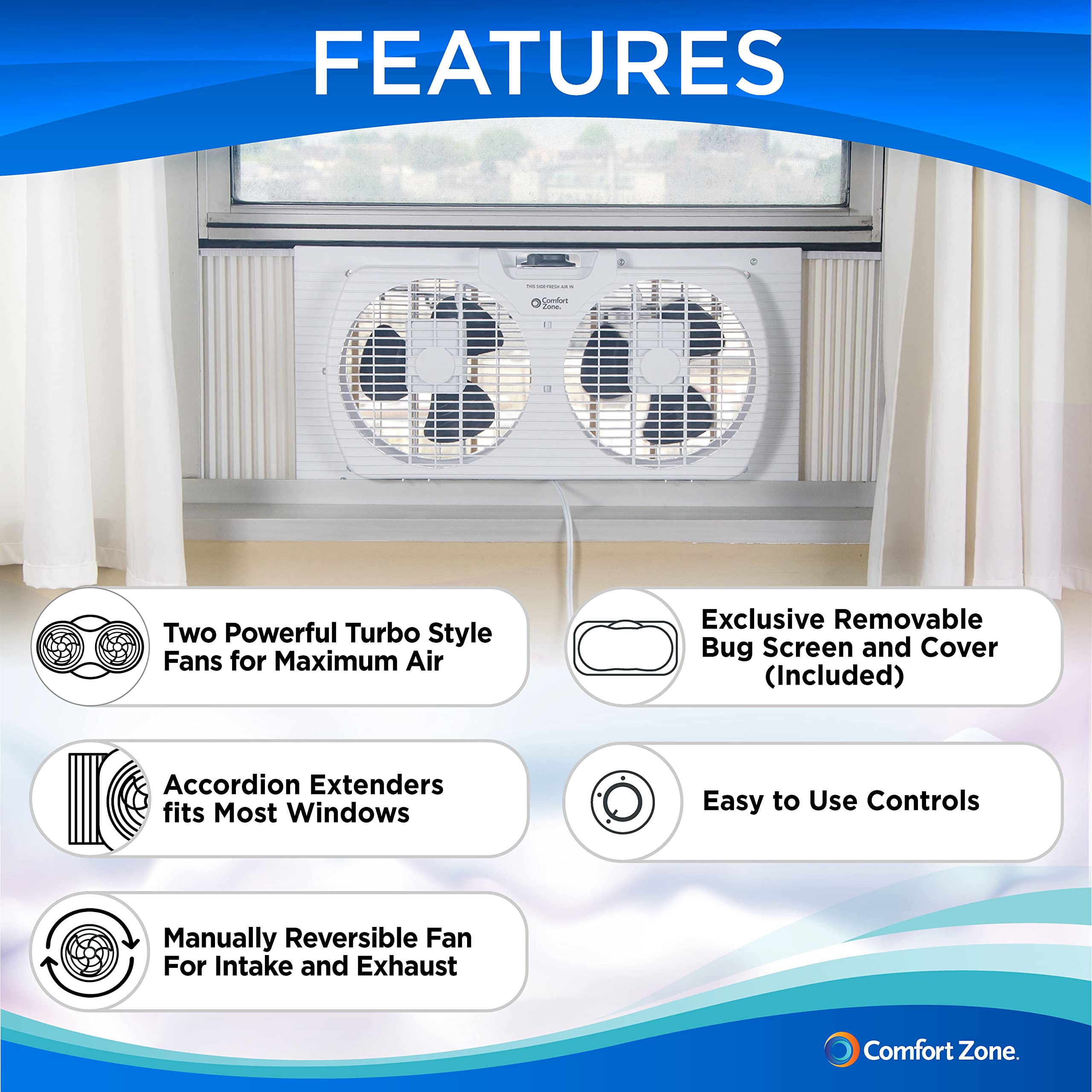 Comfort Zone Window Fan for Bedroom, 9 inch 3 Speed Dual Fans with Auto-Locking Expanders, 3 Modes (Cool, Circulate, Exhaust), Remote Control, Fabric Cover plus Bug Screen, White