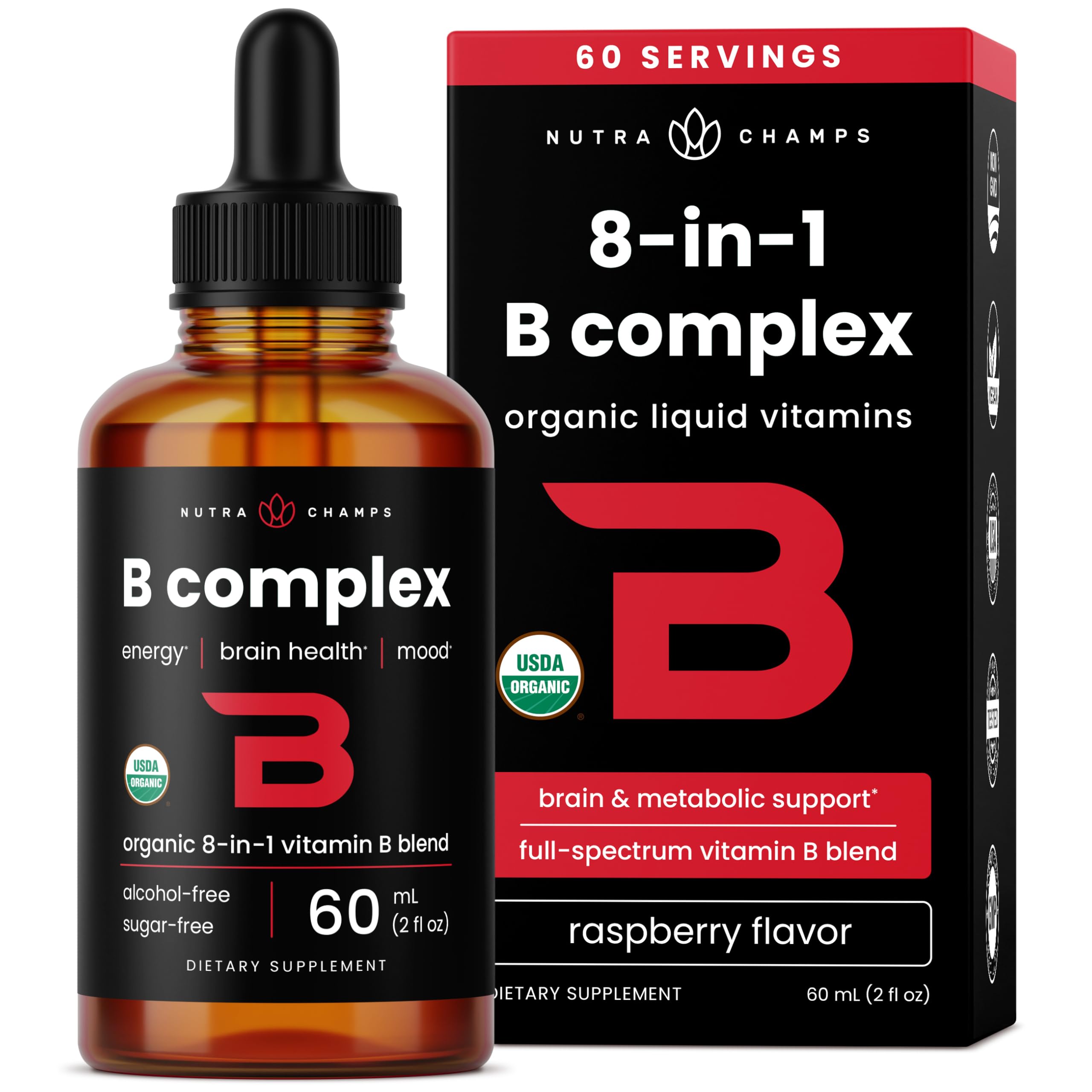 NutraChamps Vitamin B Complex for Kids, B1, B2, B3, B6, B7, B9 & Methyl B12, Kids B Complex Liquid Drops Supplement, Energy, Focus, Metabolism, Natural Berry, 120 Servings, 4 Month Supply