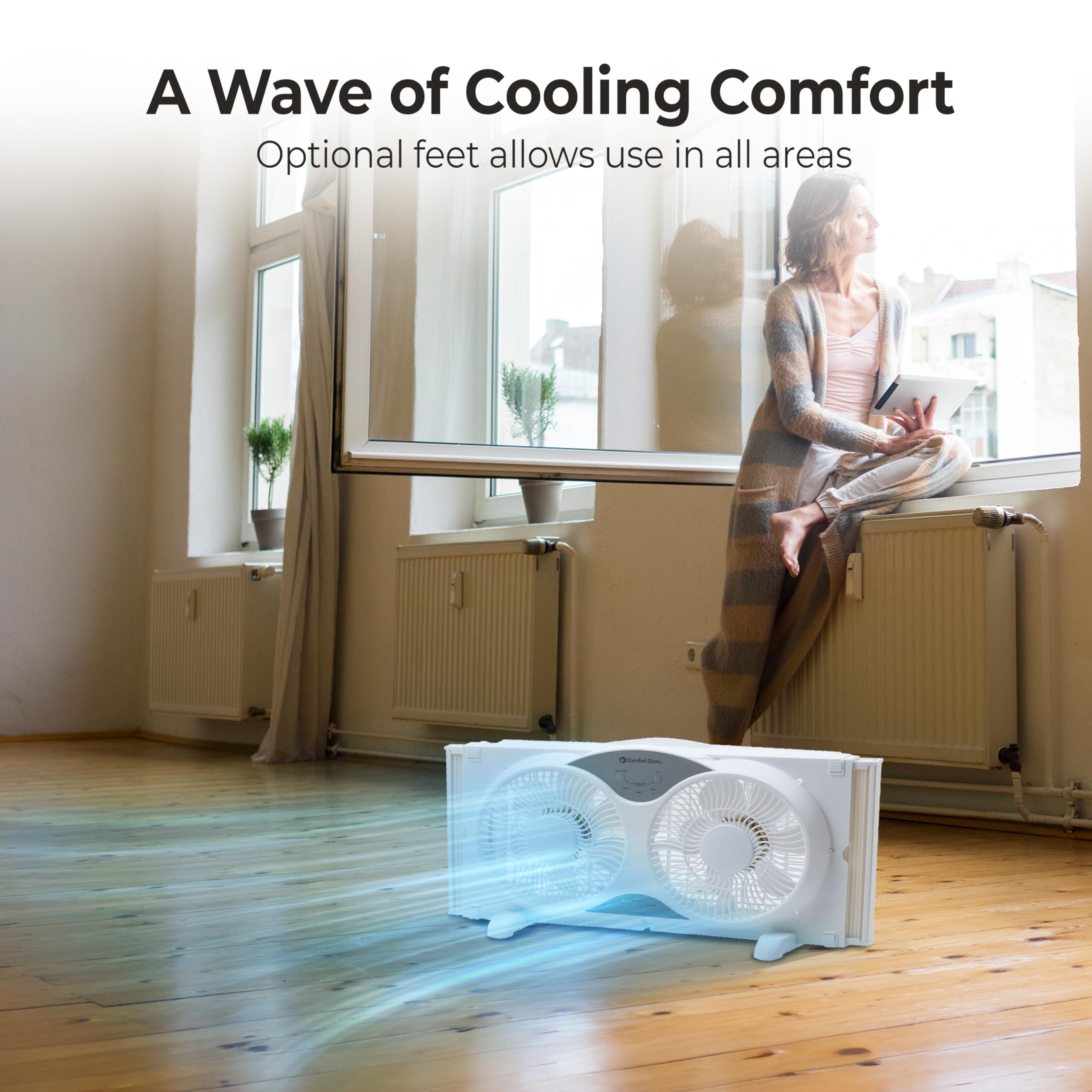 Comfort Zone Window Fan for Bedroom, 9 inch 3 Speed Dual Fans with Auto-Locking Expanders, 3 Modes (Cool, Circulate, Exhaust), Remote Control, Fabric Cover plus Bug Screen, White