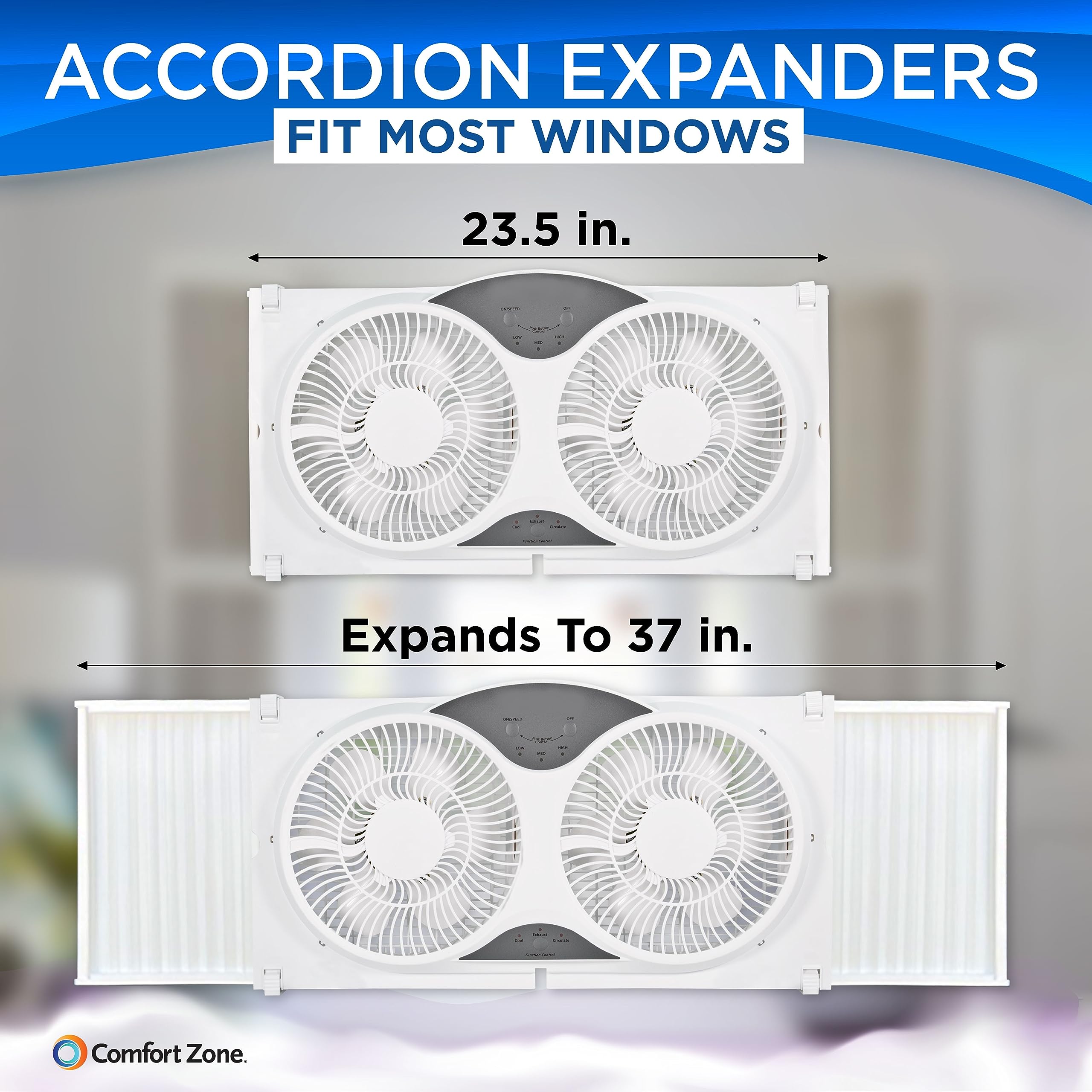 Comfort Zone Window Fan for Bedroom, 9 inch 3 Speed Dual Fans with Auto-Locking Expanders, 3 Modes (Cool, Circulate, Exhaust), Remote Control, Fabric Cover plus Bug Screen, White