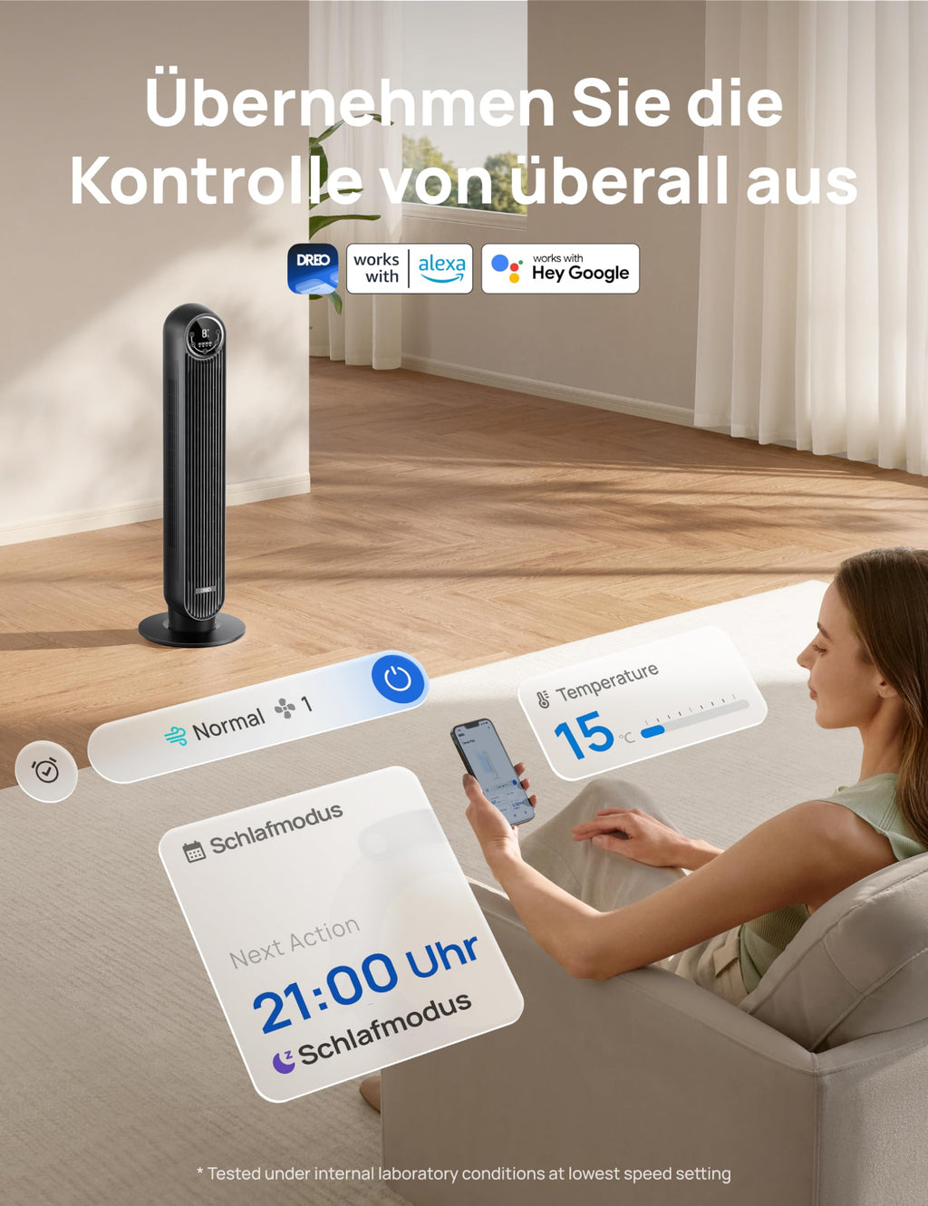 DREO 20dB Leiser Turmventilator, 10 m Wurfweite 4 Geschwindigstufen 4 Modi 8 Std. Timer 90° oszillierende Ventilator mit Kühlung Fernbedienung für Schlafzimmer, Nomad One, Schwarz