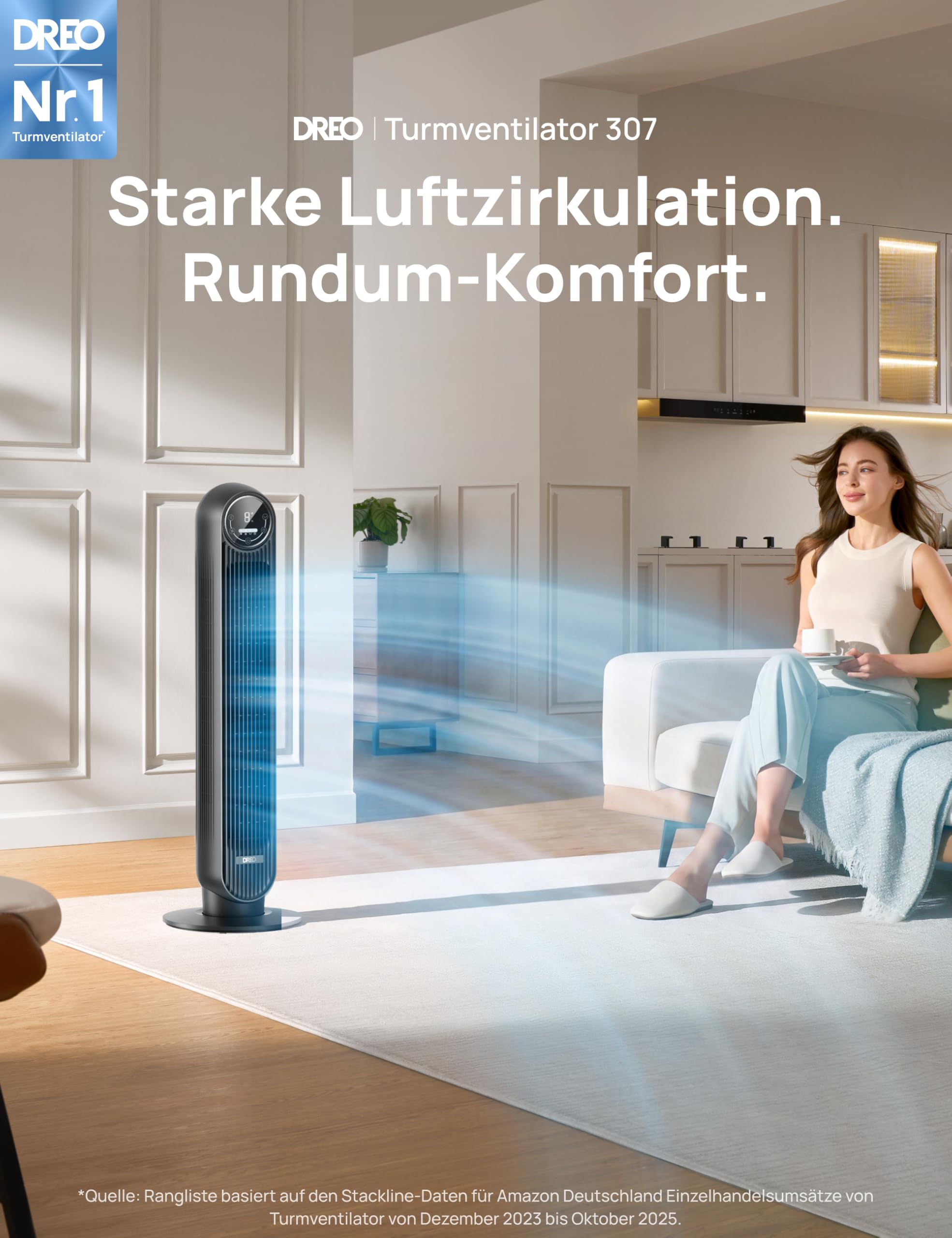 DREO 20dB Leiser Turmventilator, 10 m Wurfweite 4 Geschwindigstufen 4 Modi 8 Std. Timer 90° oszillierende Ventilator mit Kühlung Fernbedienung für Schlafzimmer, Nomad One, Schwarz