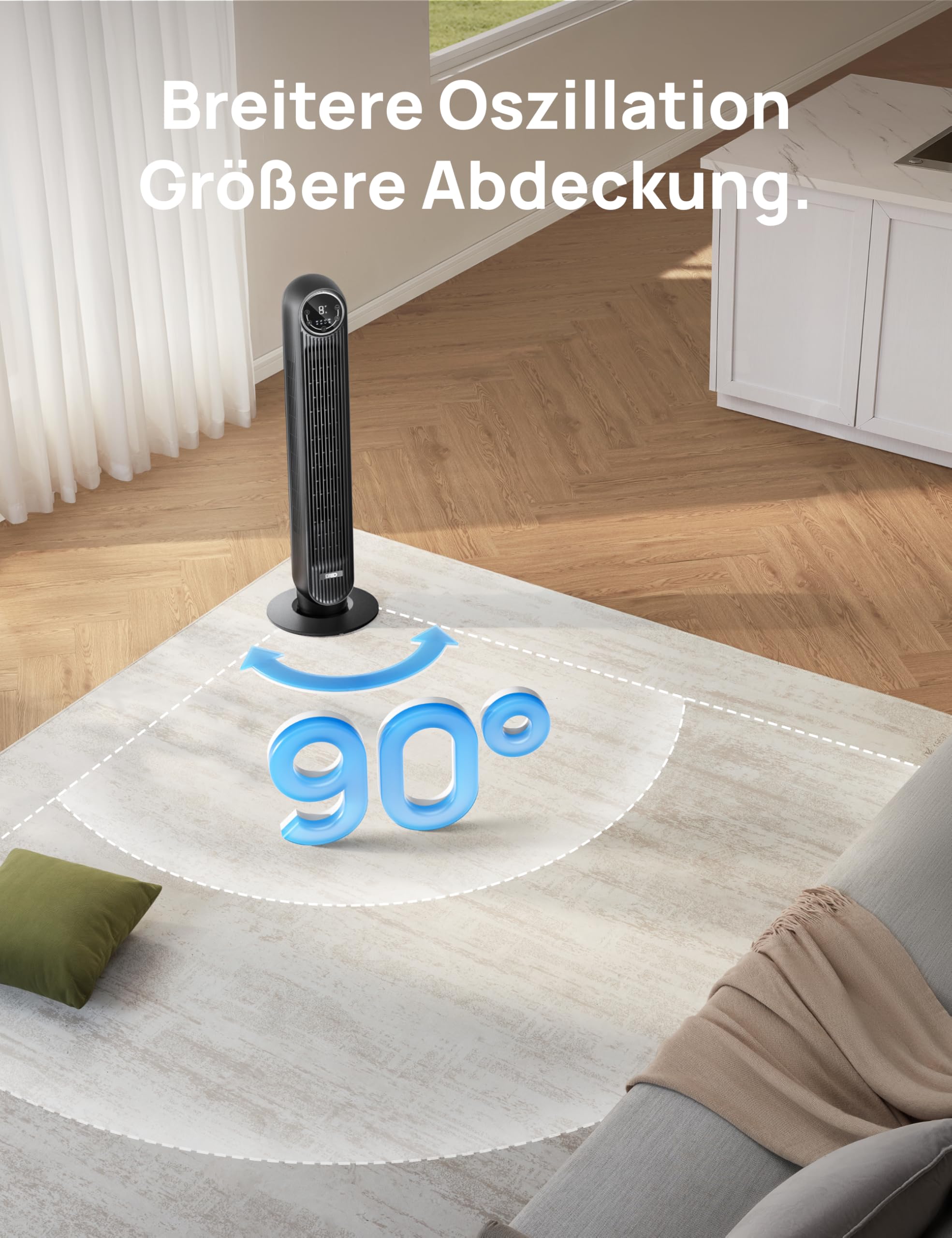 DREO 20dB Leiser Turmventilator, 10 m Wurfweite 4 Geschwindigstufen 4 Modi 8 Std. Timer 90° oszillierende Ventilator mit Kühlung Fernbedienung für Schlafzimmer, Nomad One, Schwarz