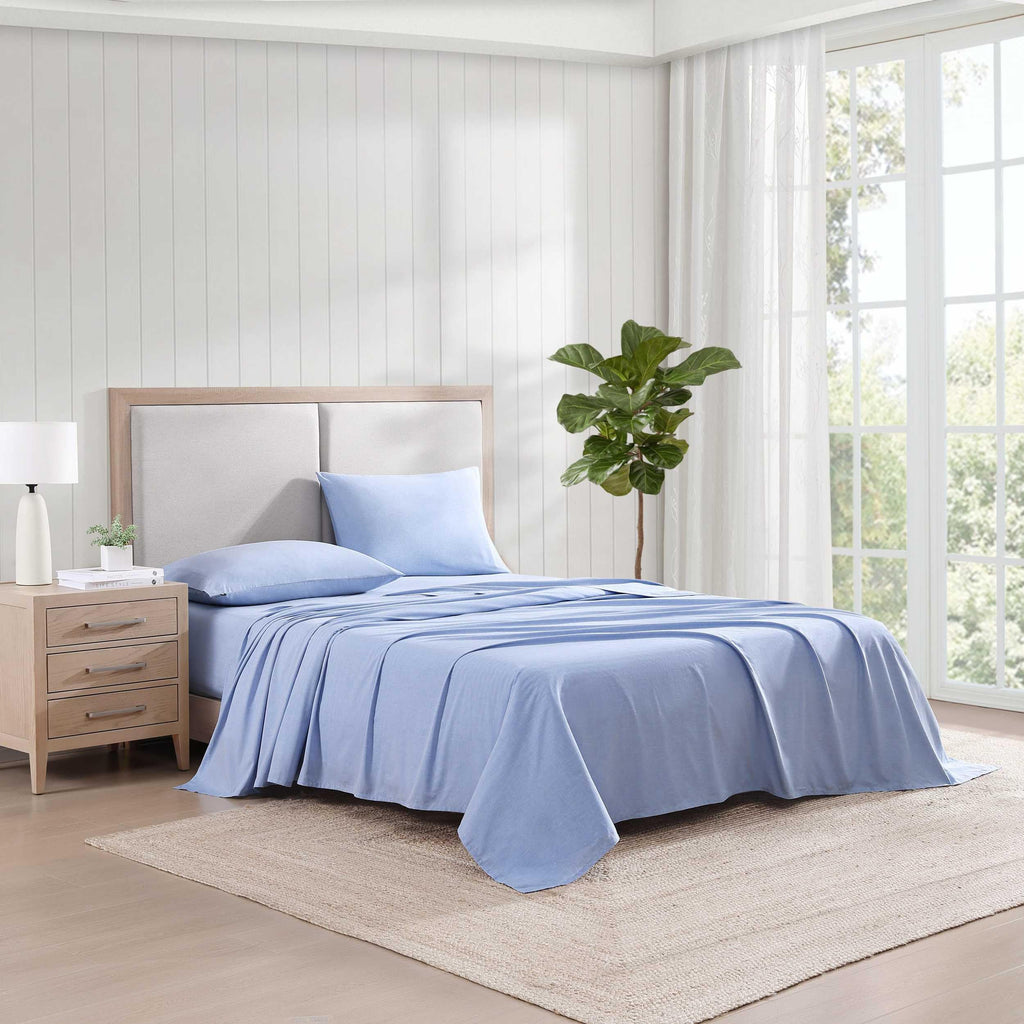 Tommy Hilfiger - Twin Sheet Set, Cotton Chambray Bedding with Matching Pillowcase, Lightweight Weave, Subtle Textured Bed Sheets (Blue)