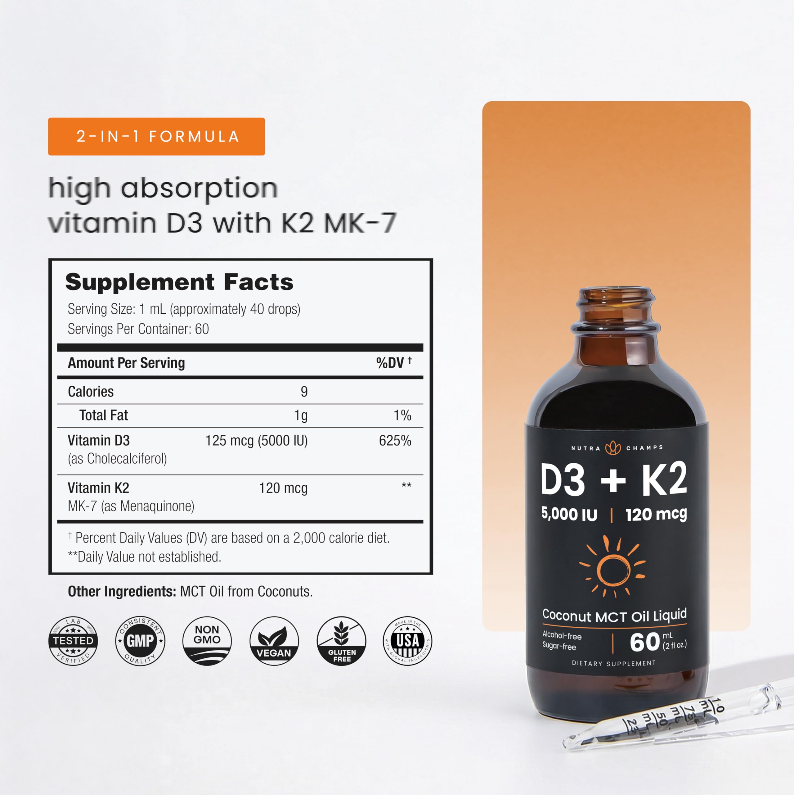 NutraChamps Kids Vitamin D 3 K2 Drops, Vitamin D3 & K2 MK-7, Liquid Vitamin D for Kids 1000 IU, Healthy Bones, Heart & Immune System, Sugar Free Supplement for Toddlers, 300 Servings