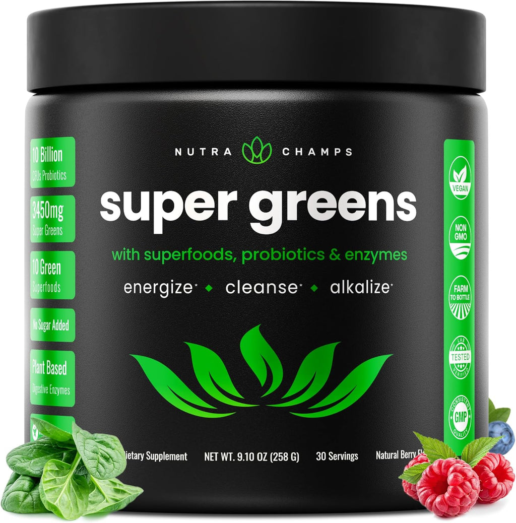 Super Greens Powder, 40+ Organic Superfoods, Probiotics & Enzymes for Energy, Digestion, Gut Health & Bloating | Organic Fruit & Veggie Drink Mix with Prebiotic Fiber, Daily Green Juice Smoothie Blend