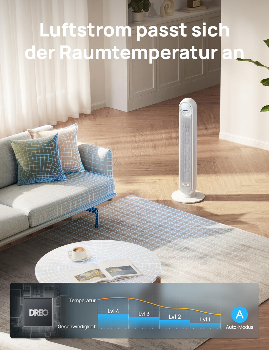 DREO 20dB Leiser Turmventilator, 10 m Wurfweite 4 Geschwindigstufen 4 Modi 8 Std. Timer 90° oszillierende Ventilator mit Kühlung Fernbedienung für Schlafzimmer, Nomad One, Schwarz