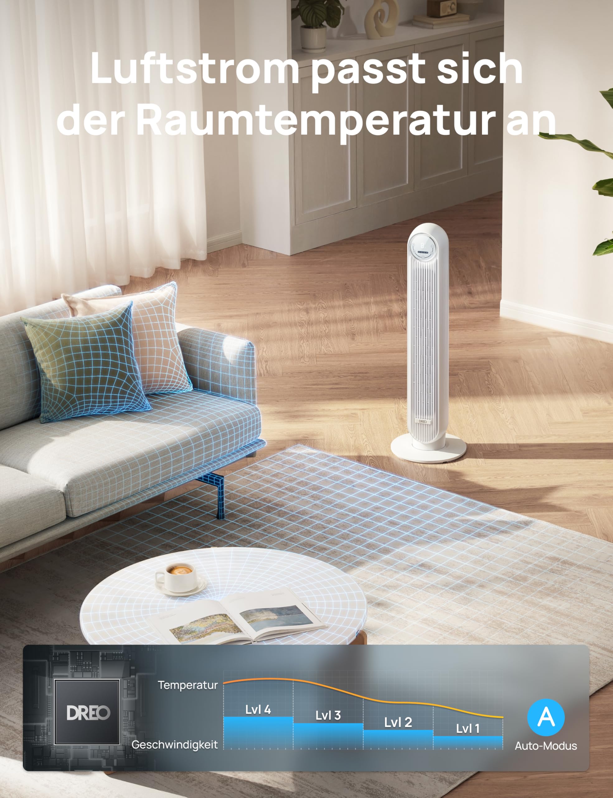 DREO 20dB Leiser Turmventilator, 10 m Wurfweite 4 Geschwindigstufen 4 Modi 8 Std. Timer 90° oszillierende Ventilator mit Kühlung Fernbedienung für Schlafzimmer, Nomad One, Schwarz