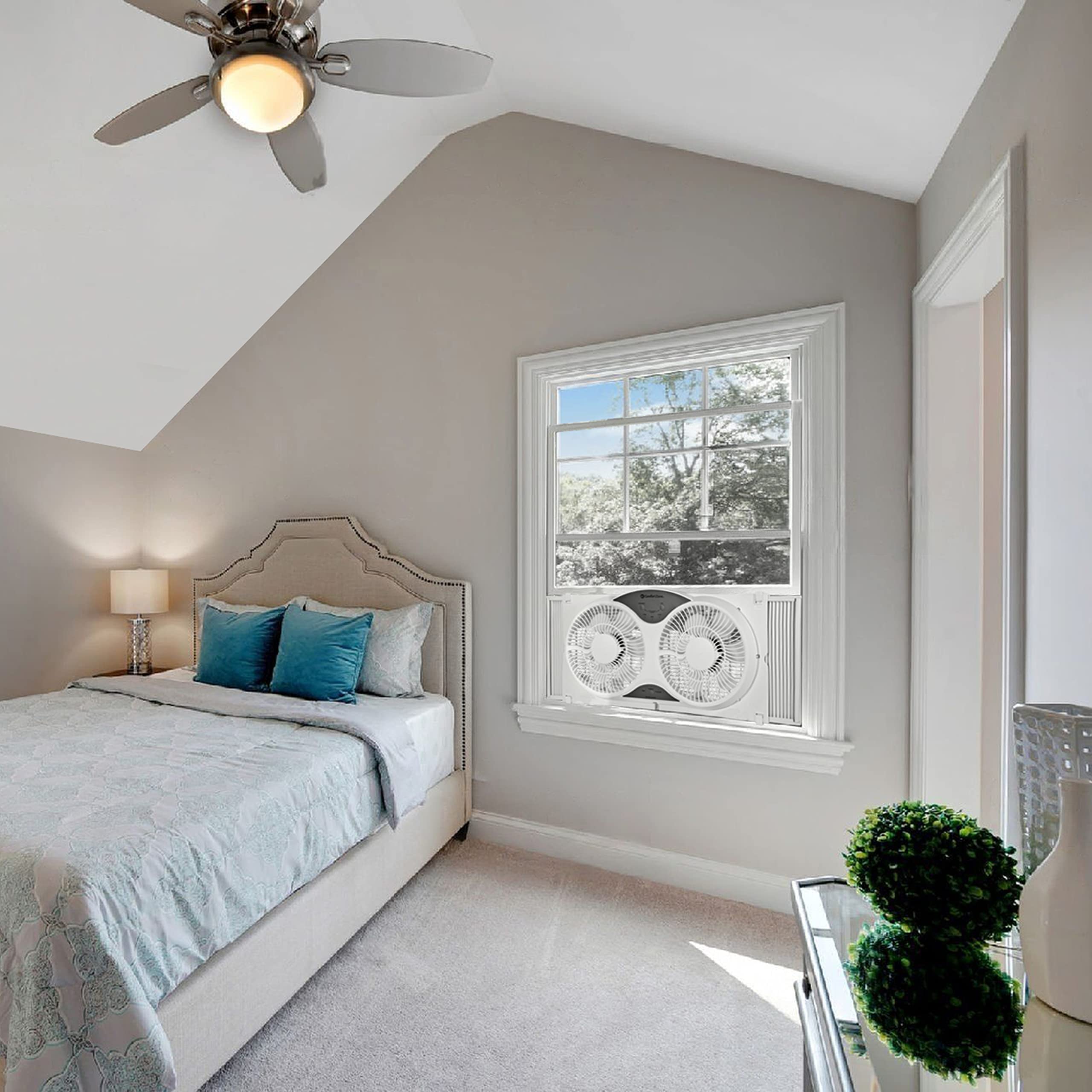 Comfort Zone Window Fan for Bedroom, 9 inch 3 Speed Dual Fans with Auto-Locking Expanders, 3 Modes (Cool, Circulate, Exhaust), Remote Control, Fabric Cover plus Bug Screen, White