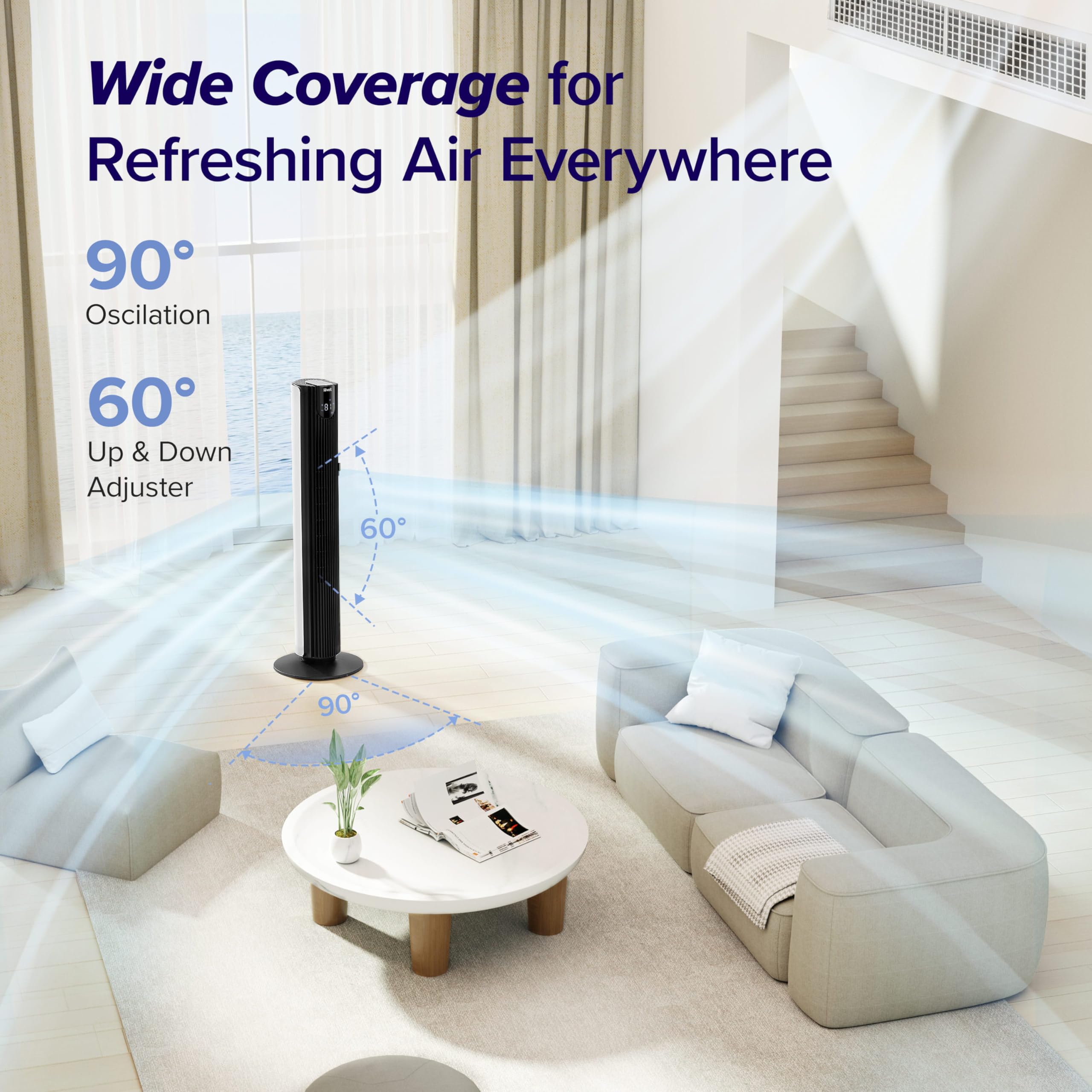 LEVOIT Tower Fan for Bedroom, 90° Oscillating Standing Fan with 28dB Quiet for Sleep, 25ft/s Velocity, 12H Timer, 5 Speeds 4 Modes, Remoter, Bladeless Room Fan for Home, Office, Indoor, 36 inch, White