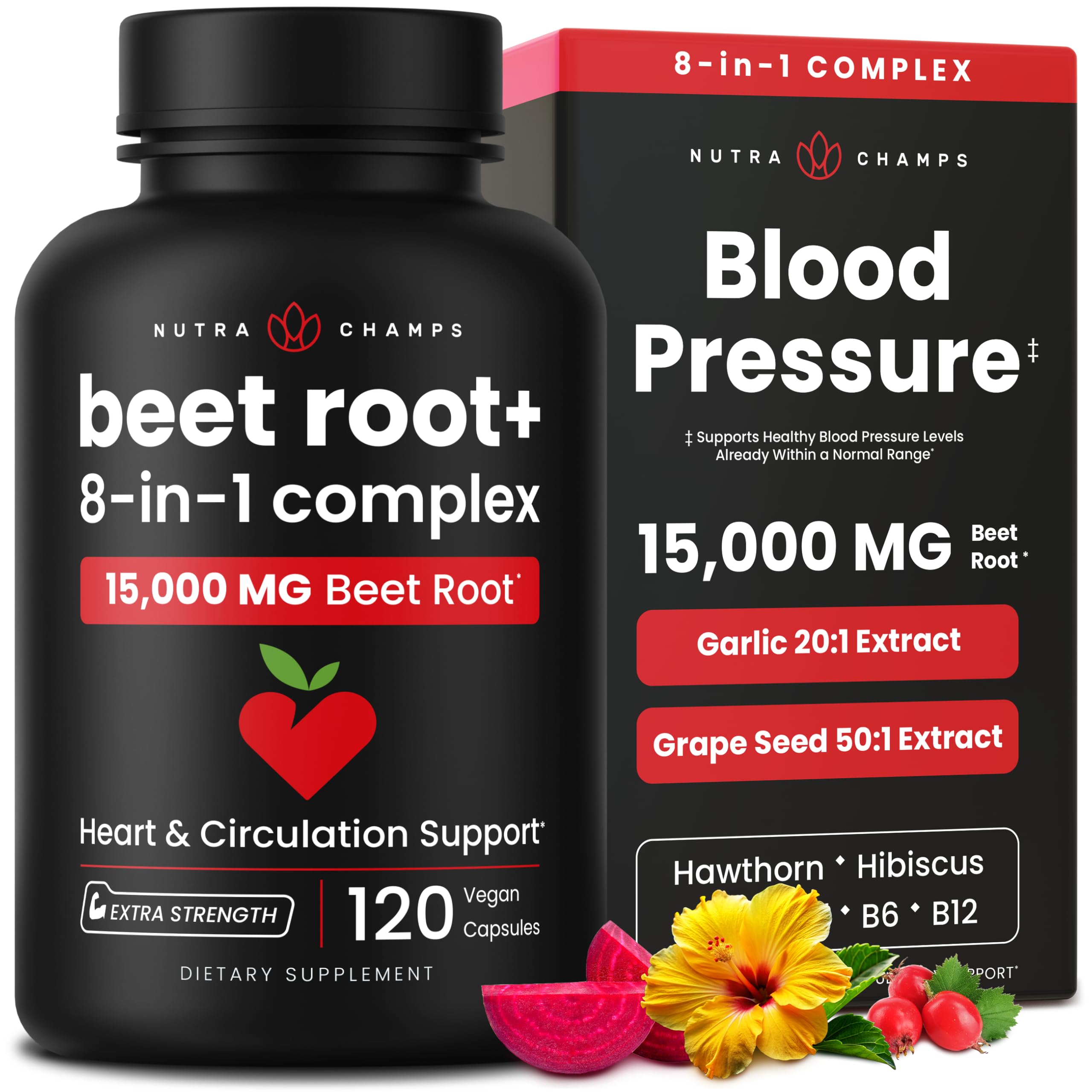 8-in-1 Beet Root Capsules - Healthy Blood Pressure Support Supplement** for Heart & Circulation, Energy Support - Hawthorn Berry, Hibiscus, Garlic & Grape Seed - Beet Juice Alternative - 120 Capsules