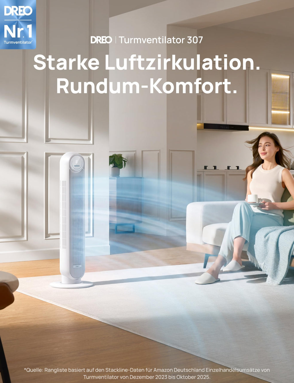 DREO 20dB Leiser Turmventilator, 10 m Wurfweite 4 Geschwindigstufen 4 Modi 8 Std. Timer 90° oszillierende Ventilator mit Kühlung Fernbedienung für Schlafzimmer, Nomad One, Schwarz