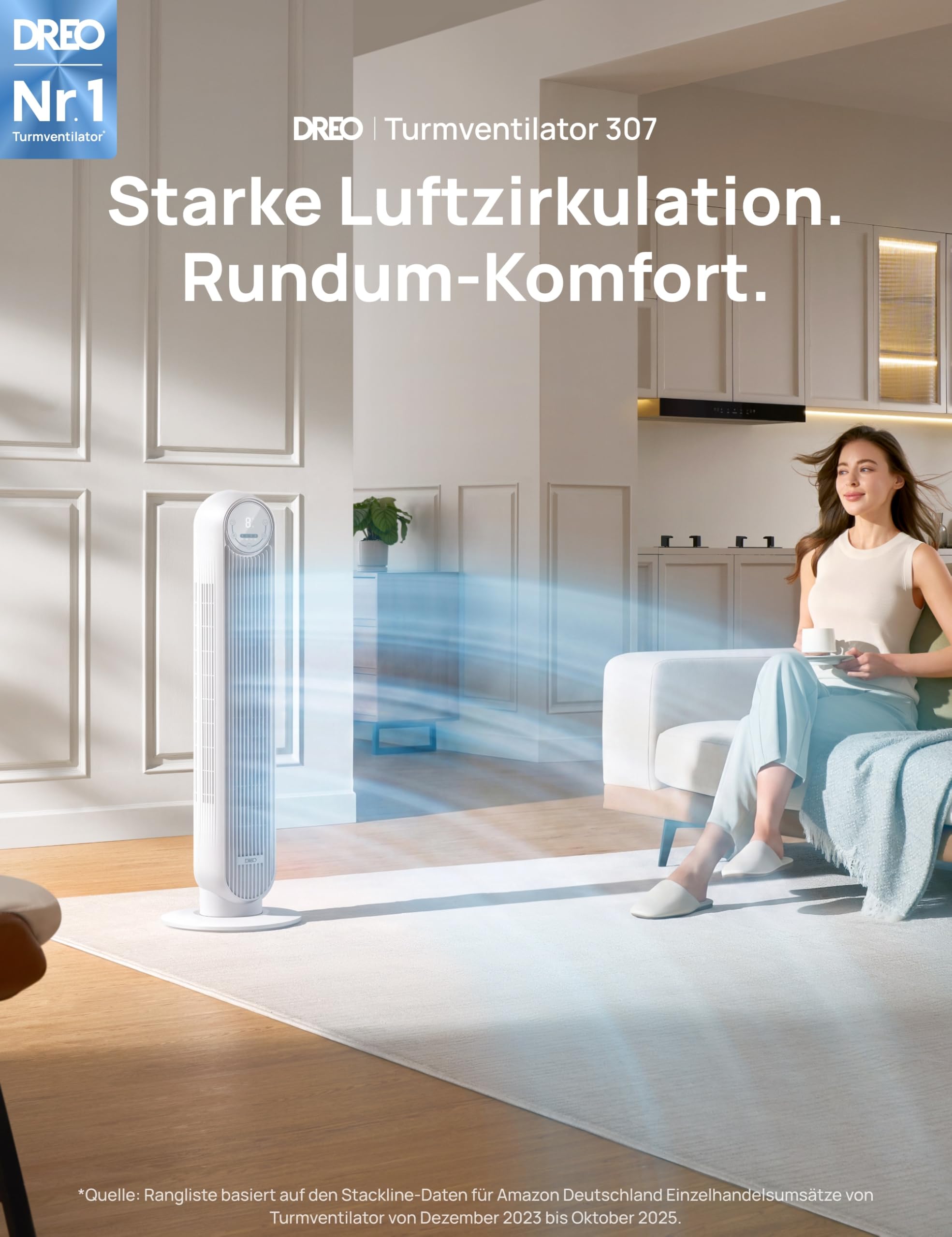 DREO 20dB Leiser Turmventilator, 10 m Wurfweite 4 Geschwindigstufen 4 Modi 8 Std. Timer 90° oszillierende Ventilator mit Kühlung Fernbedienung für Schlafzimmer, Nomad One, Schwarz