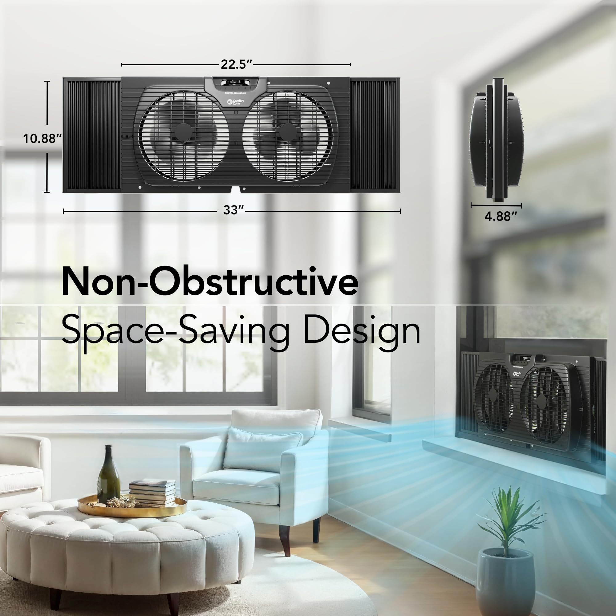 Comfort Zone Window Fan for Bedroom, 9 inch 3 Speed Dual Fans with Auto-Locking Expanders, 3 Modes (Cool, Circulate, Exhaust), Remote Control, Fabric Cover plus Bug Screen, White