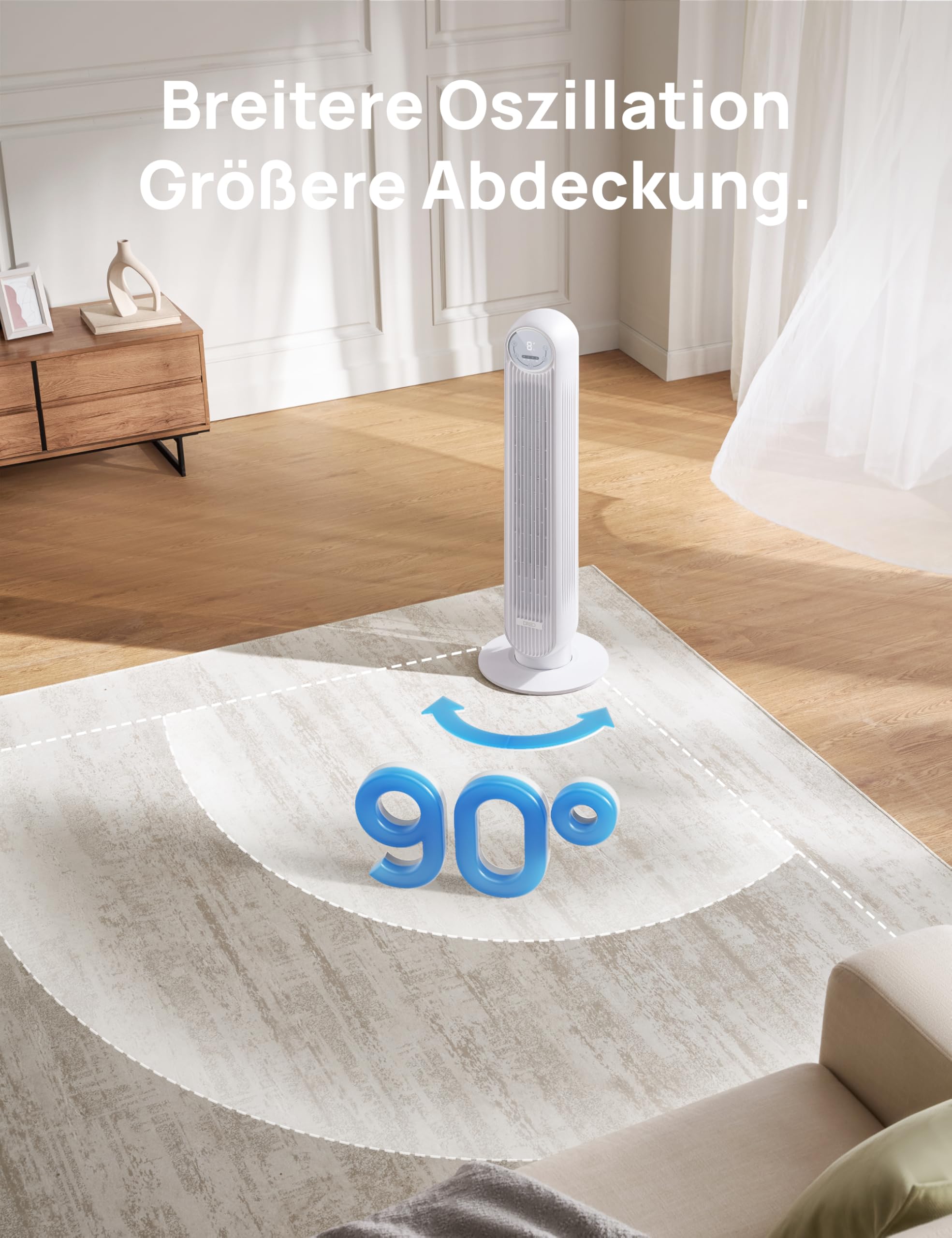 DREO 20dB Leiser Turmventilator, 10 m Wurfweite 4 Geschwindigstufen 4 Modi 8 Std. Timer 90° oszillierende Ventilator mit Kühlung Fernbedienung für Schlafzimmer, Nomad One, Schwarz