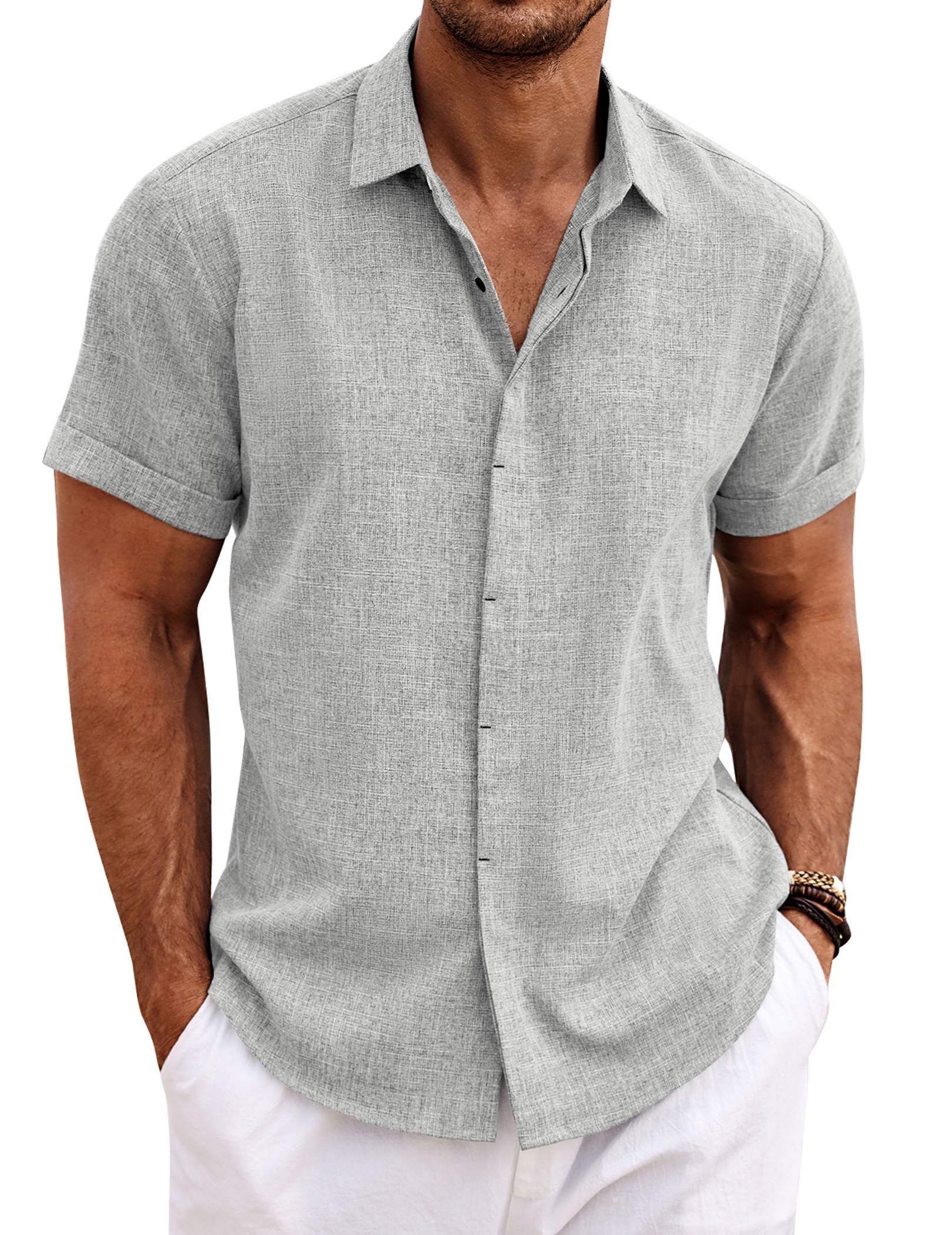 COOFANDY Men's Linen Shirts Short Sleeve Casual Shirts Button Down Shirt for Men Beach Summer Wedding Shirt