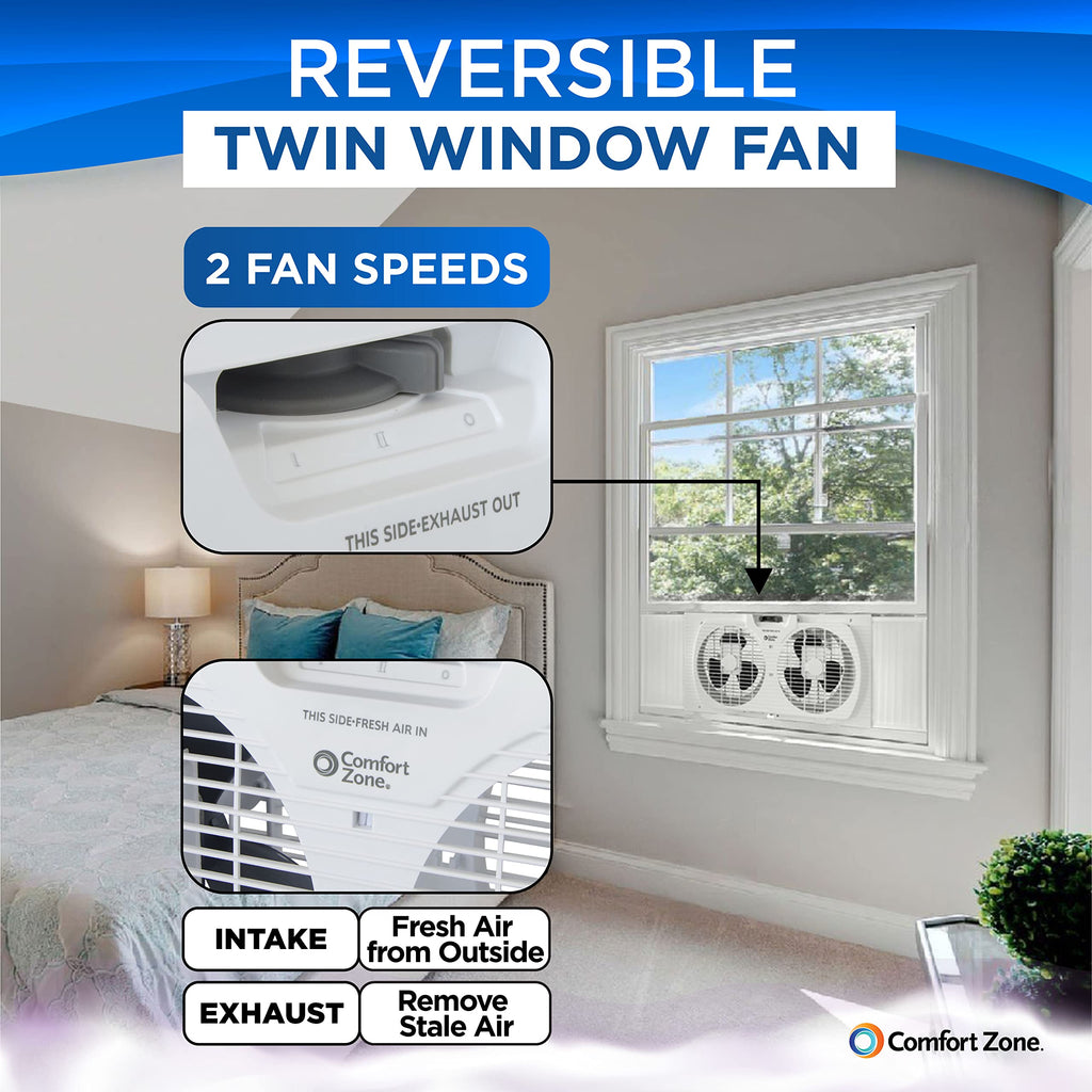 Comfort Zone Window Fan for Bedroom, 9 inch 3 Speed Dual Fans with Auto-Locking Expanders, 3 Modes (Cool, Circulate, Exhaust), Remote Control, Fabric Cover plus Bug Screen, White