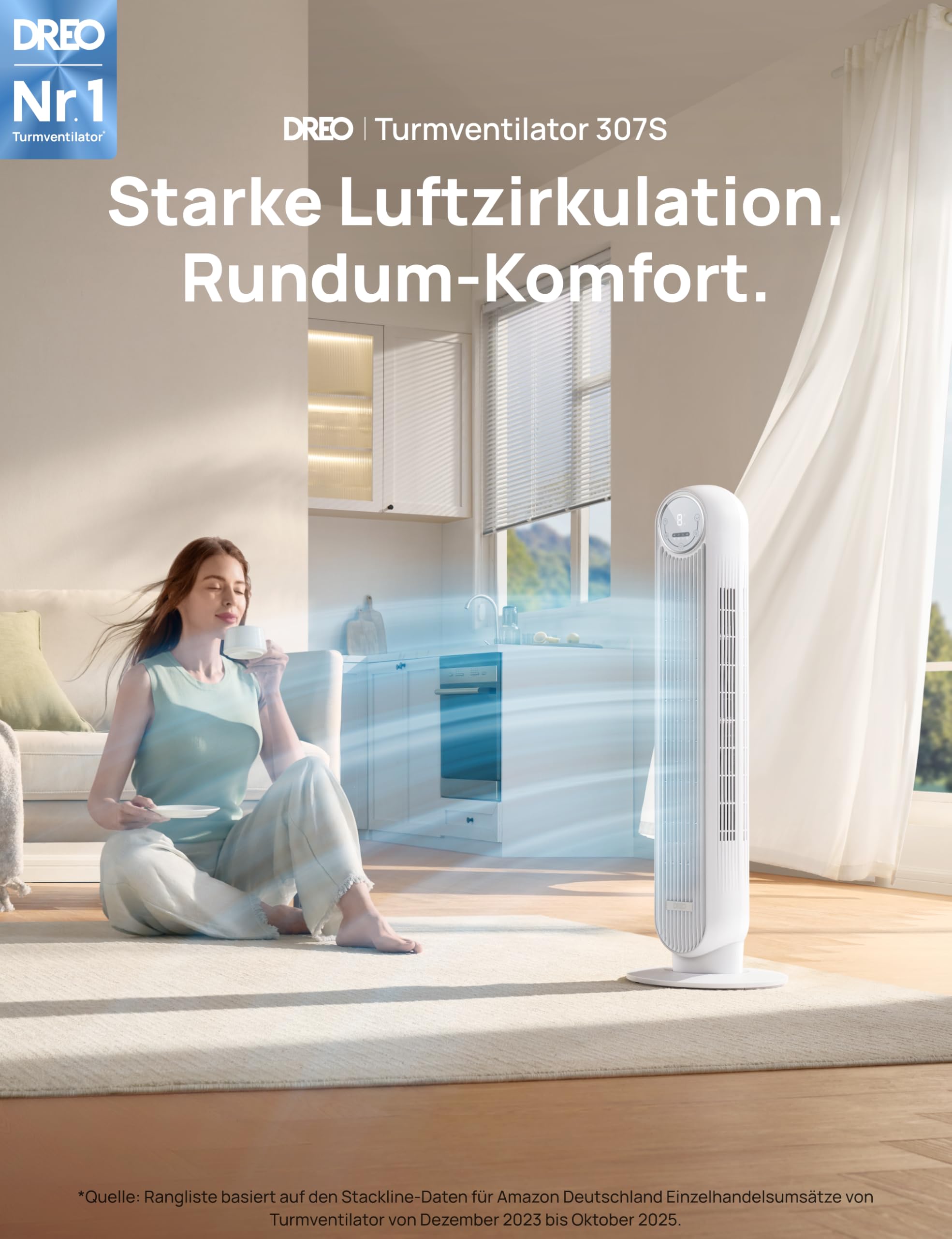 DREO 20dB Leiser Turmventilator, 10 m Wurfweite 4 Geschwindigstufen 4 Modi 8 Std. Timer 90° oszillierende Ventilator mit Kühlung Fernbedienung für Schlafzimmer, Nomad One, Schwarz
