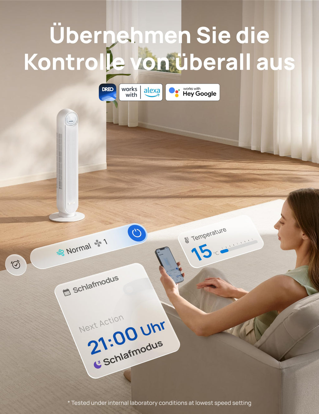 DREO 20dB Leiser Turmventilator, 10 m Wurfweite 4 Geschwindigstufen 4 Modi 8 Std. Timer 90° oszillierende Ventilator mit Kühlung Fernbedienung für Schlafzimmer, Nomad One, Schwarz