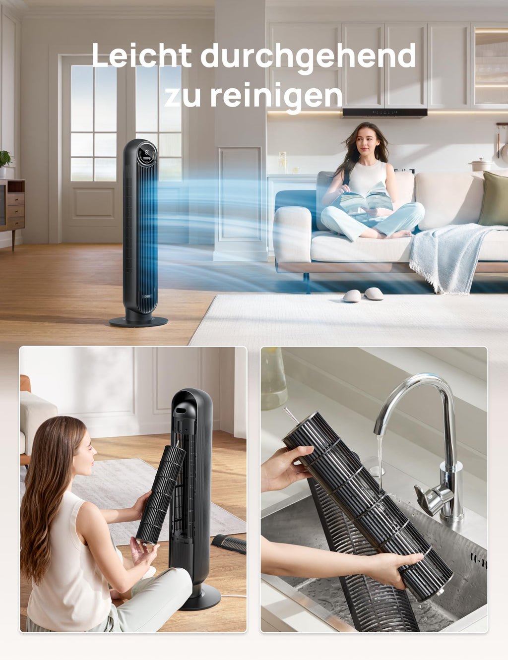DREO 20dB Leiser Turmventilator, 10 m Wurfweite 4 Geschwindigstufen 4 Modi 8 Std. Timer 90° oszillierende Ventilator mit Kühlung Fernbedienung für Schlafzimmer, Nomad One, Schwarz