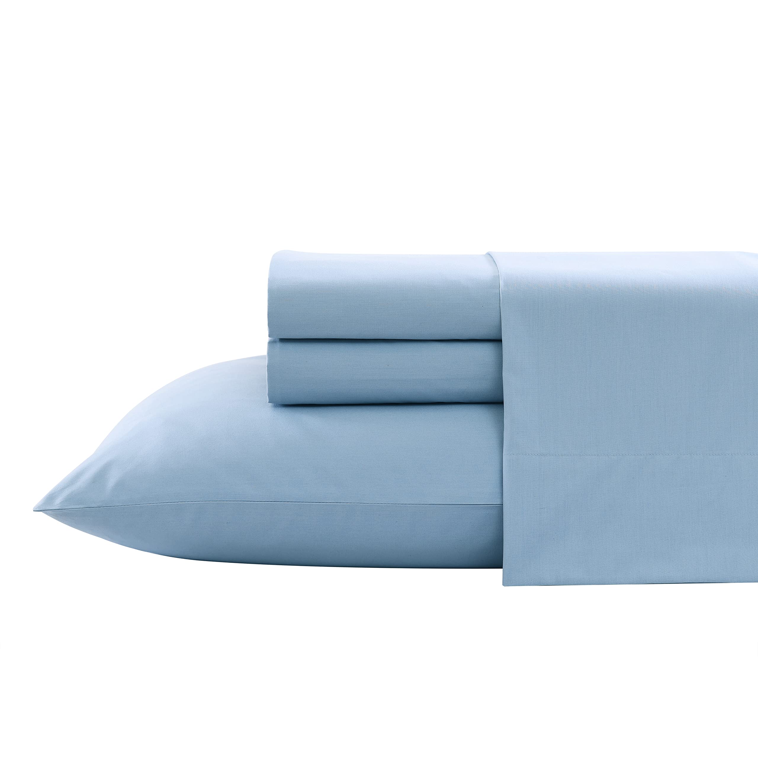 Nautica - Twin Sheet Set, Cotton Percale Bedding Set, Crisp & Cool, Fully Elasticized, Ideal Dorm Essentials (Solid Light Blue, Twin)