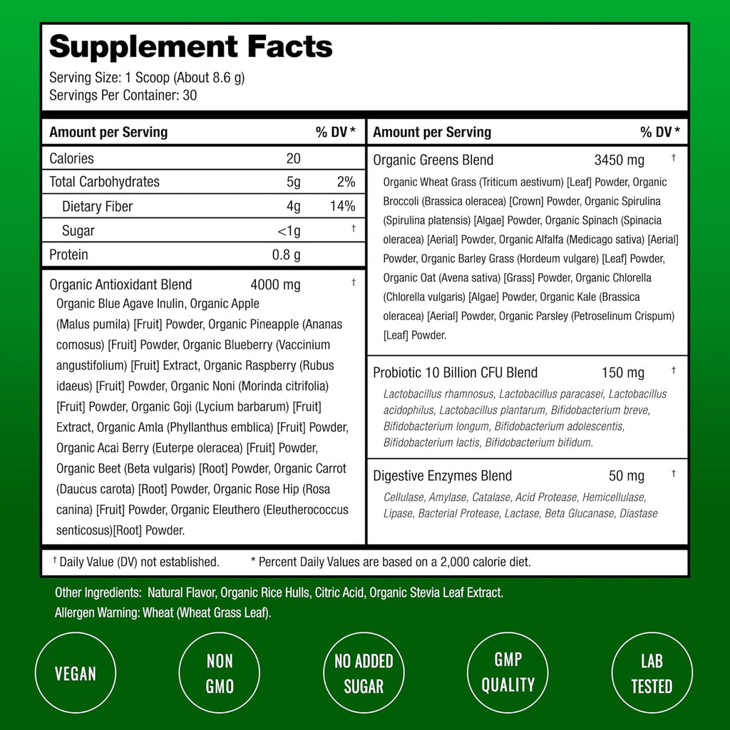 Super Greens Powder, 40+ Organic Superfoods, Probiotics & Enzymes for Energy, Digestion, Gut Health & Bloating | Organic Fruit & Veggie Drink Mix with Prebiotic Fiber, Daily Green Juice Smoothie Blend