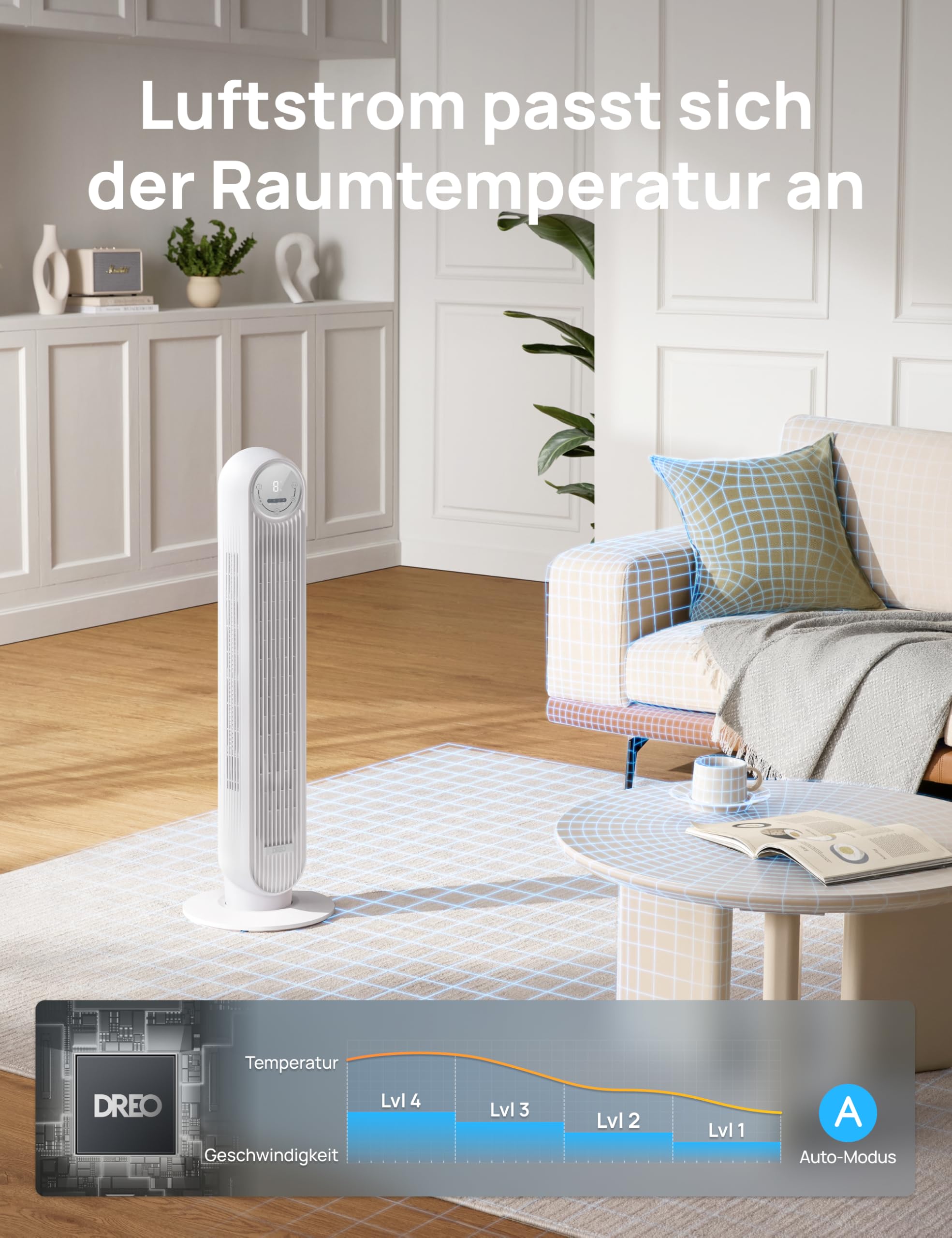 DREO 20dB Leiser Turmventilator, 10 m Wurfweite 4 Geschwindigstufen 4 Modi 8 Std. Timer 90° oszillierende Ventilator mit Kühlung Fernbedienung für Schlafzimmer, Nomad One, Schwarz