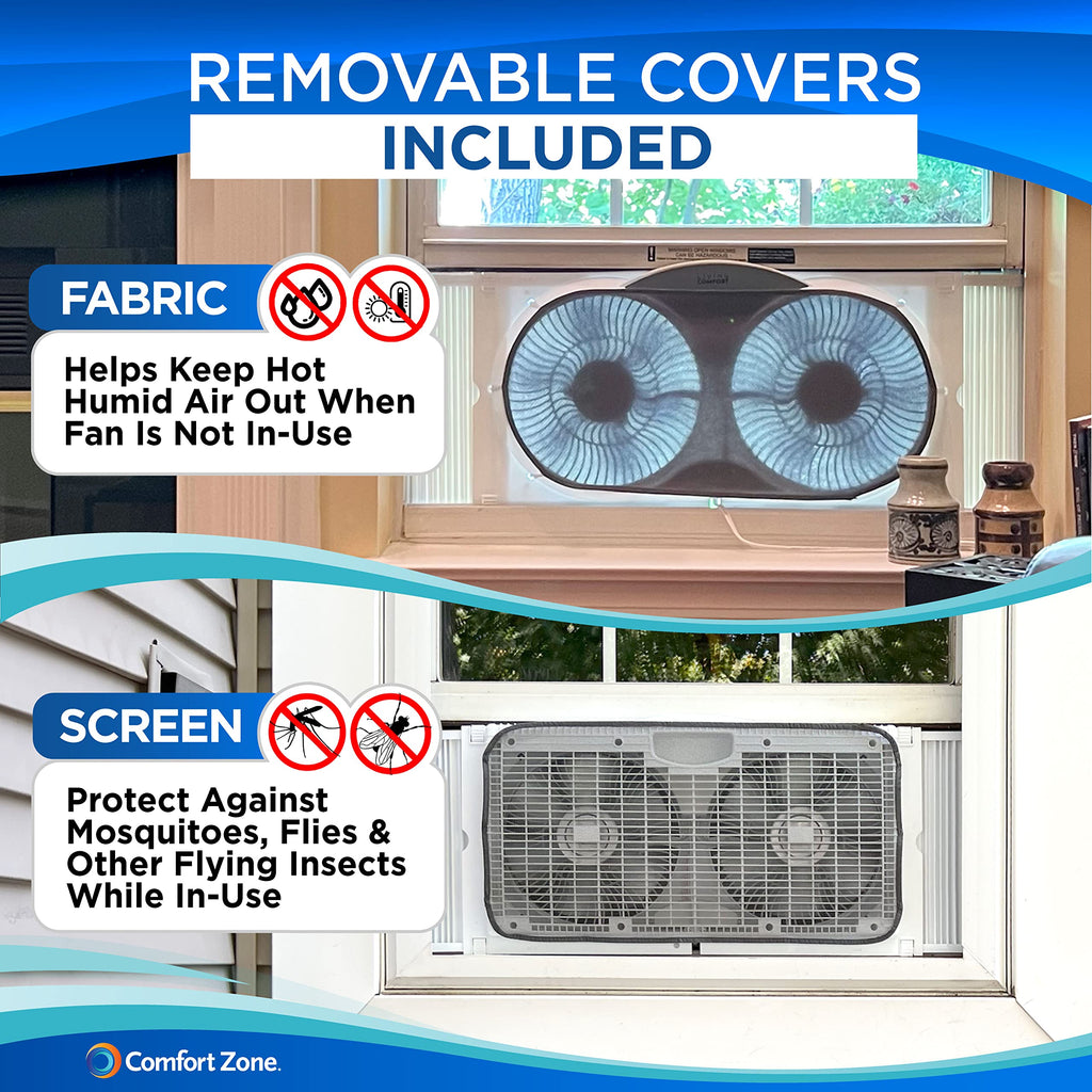 Comfort Zone Window Fan for Bedroom, 9 inch 3 Speed Dual Fans with Auto-Locking Expanders, 3 Modes (Cool, Circulate, Exhaust), Remote Control, Fabric Cover plus Bug Screen, White