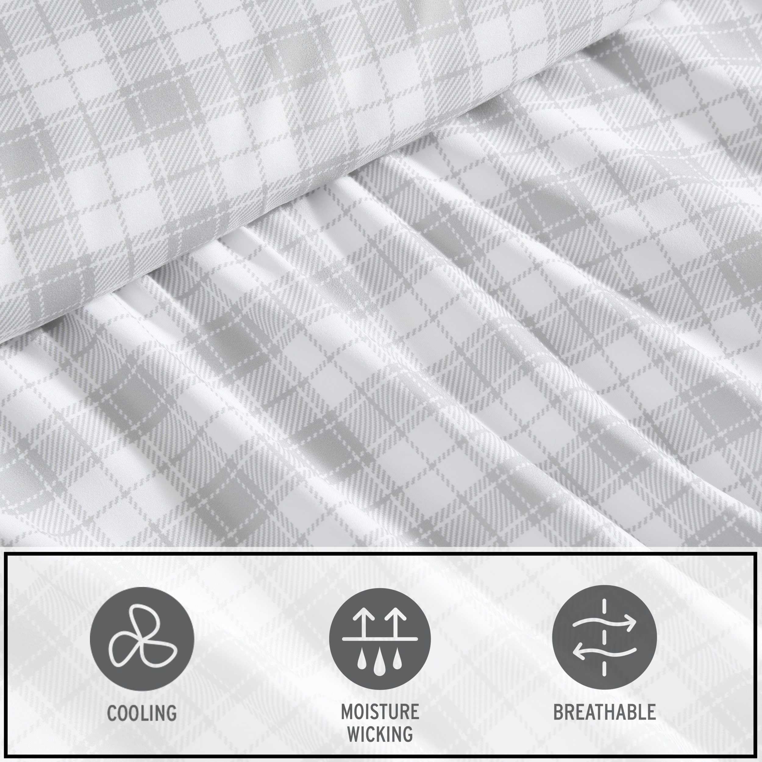 Eddie Bauer - Twin Size Sheet Set, Crisp & Cool Temperature Regulating Bedding with Breathable Feel, 3 Piece Bed Sheets with Deep Pocket Fitted Sheet & Pillowcase (Penstemon Plaid Grey)