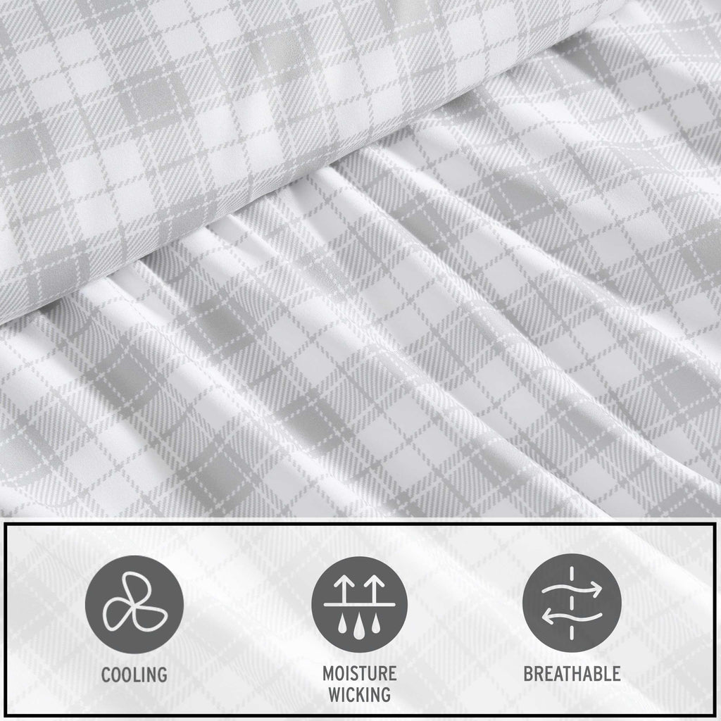 Eddie Bauer - Twin Size Sheet Set, Crisp & Cool Temperature Regulating Bedding with Breathable Feel, 3 Piece Bed Sheets with Deep Pocket Fitted Sheet & Pillowcase (Penstemon Plaid Grey)