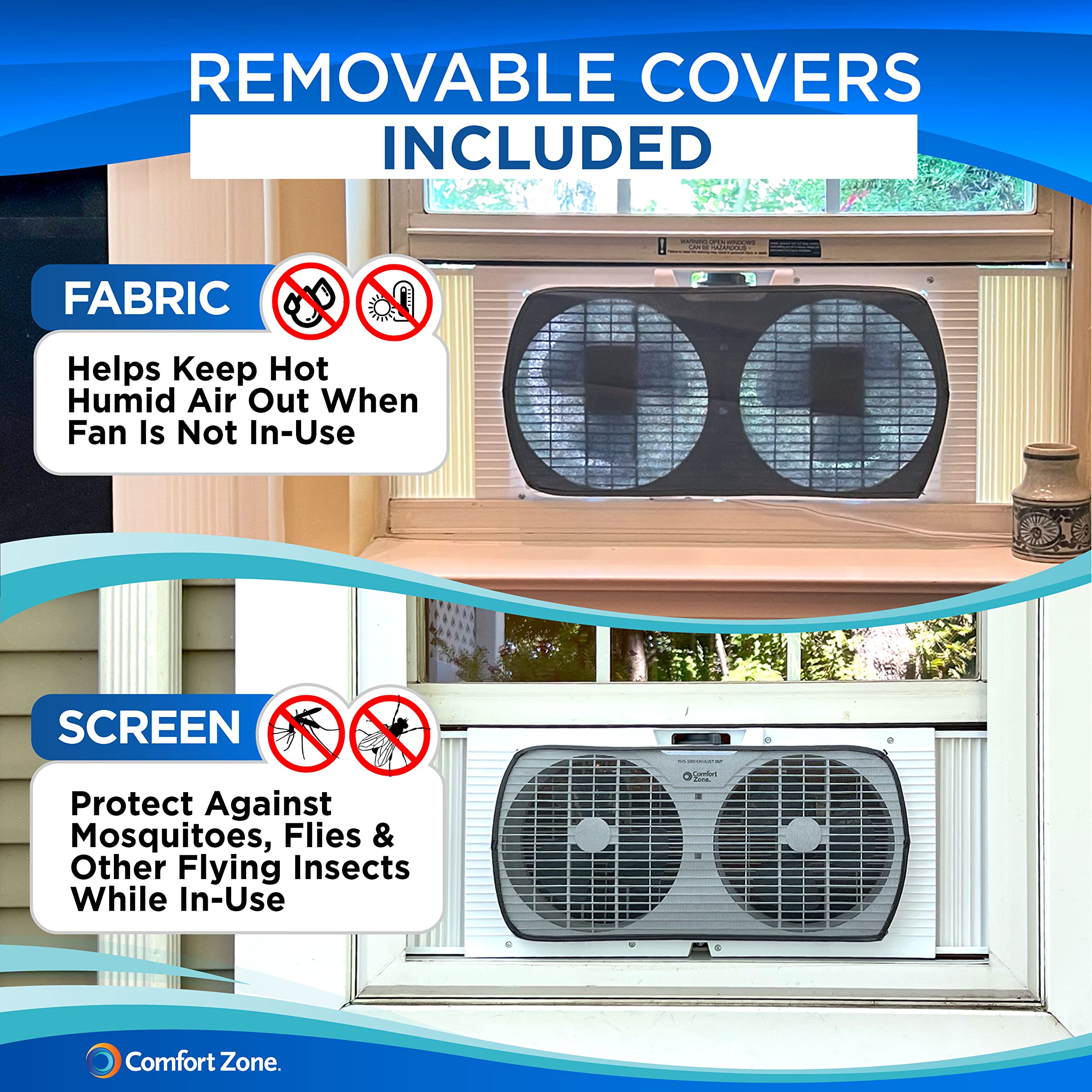 Comfort Zone Window Fan for Bedroom, 9 inch 3 Speed Dual Fans with Auto-Locking Expanders, 3 Modes (Cool, Circulate, Exhaust), Remote Control, Fabric Cover plus Bug Screen, White